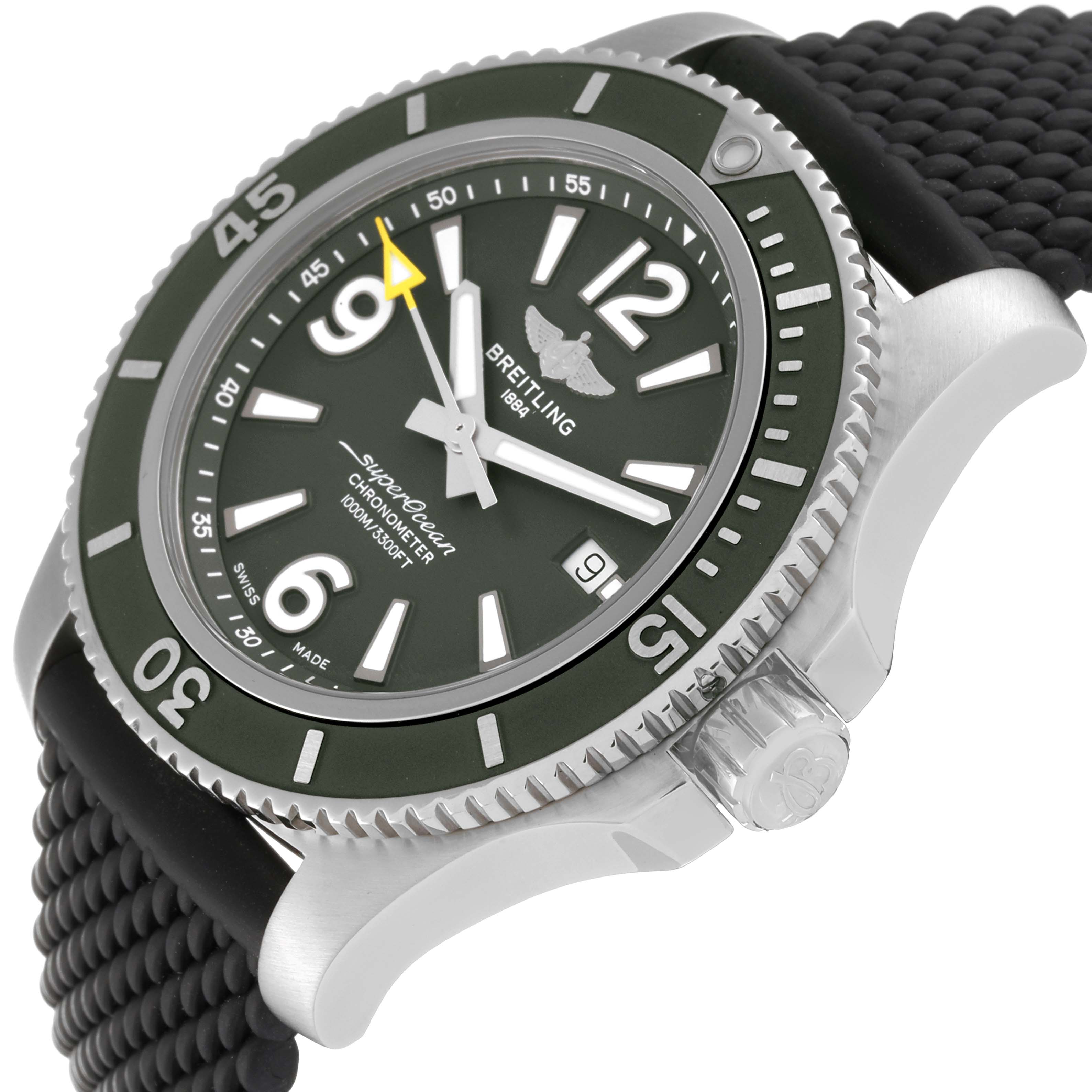 This Breitling Superocean A17367 Men's Stainless Steel Green Dial A17367 Men's Stainless Steel Green Dial watch is shown from a slightly angled side view, highlighting its dial, bezel, and part of the strap.