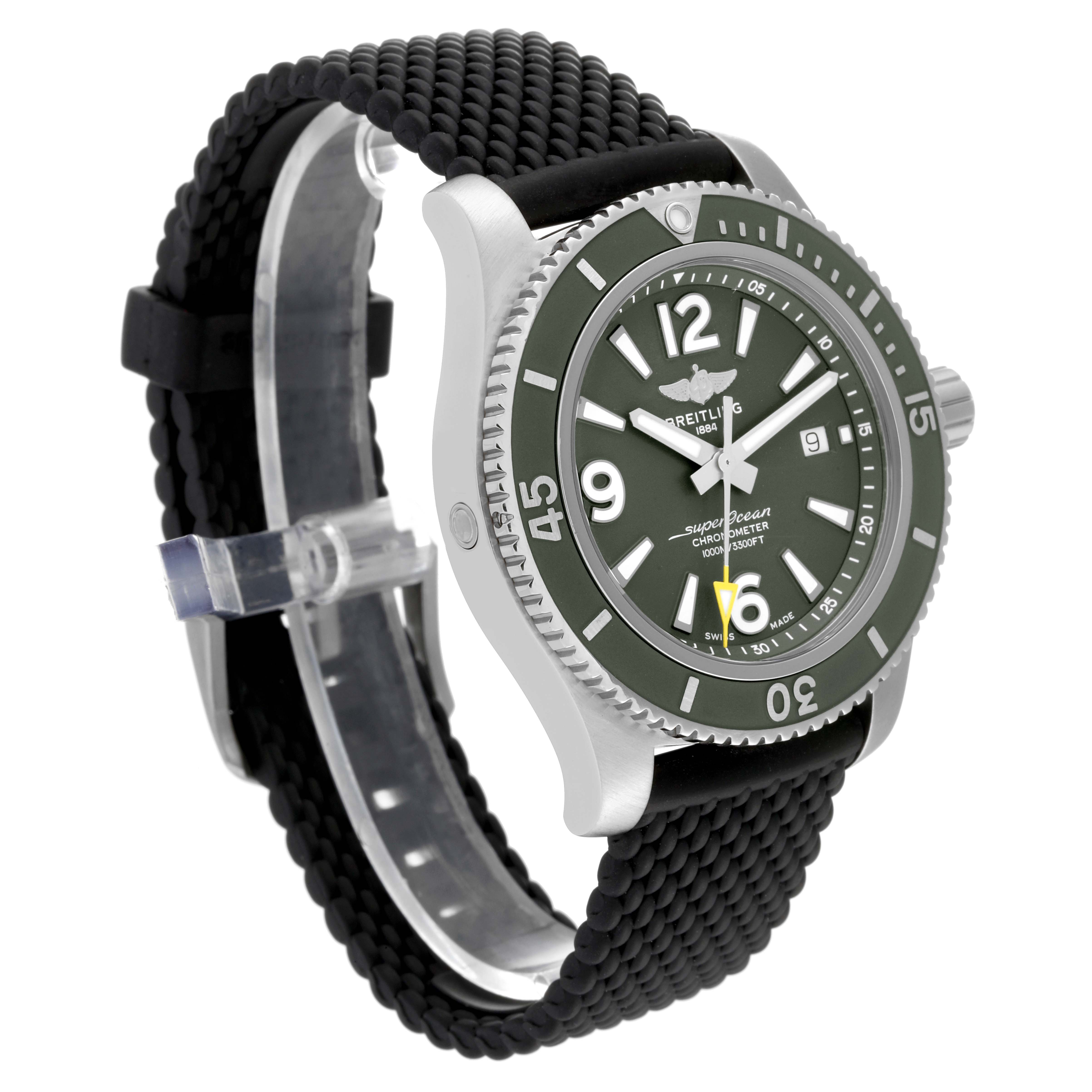 The Breitling Superocean A17367 Men's Stainless Steel Green Dial A17367 Men's Stainless Steel Green Dial watch is shown at a front angle, displaying the face, bezel, and part of the black rubber strap.