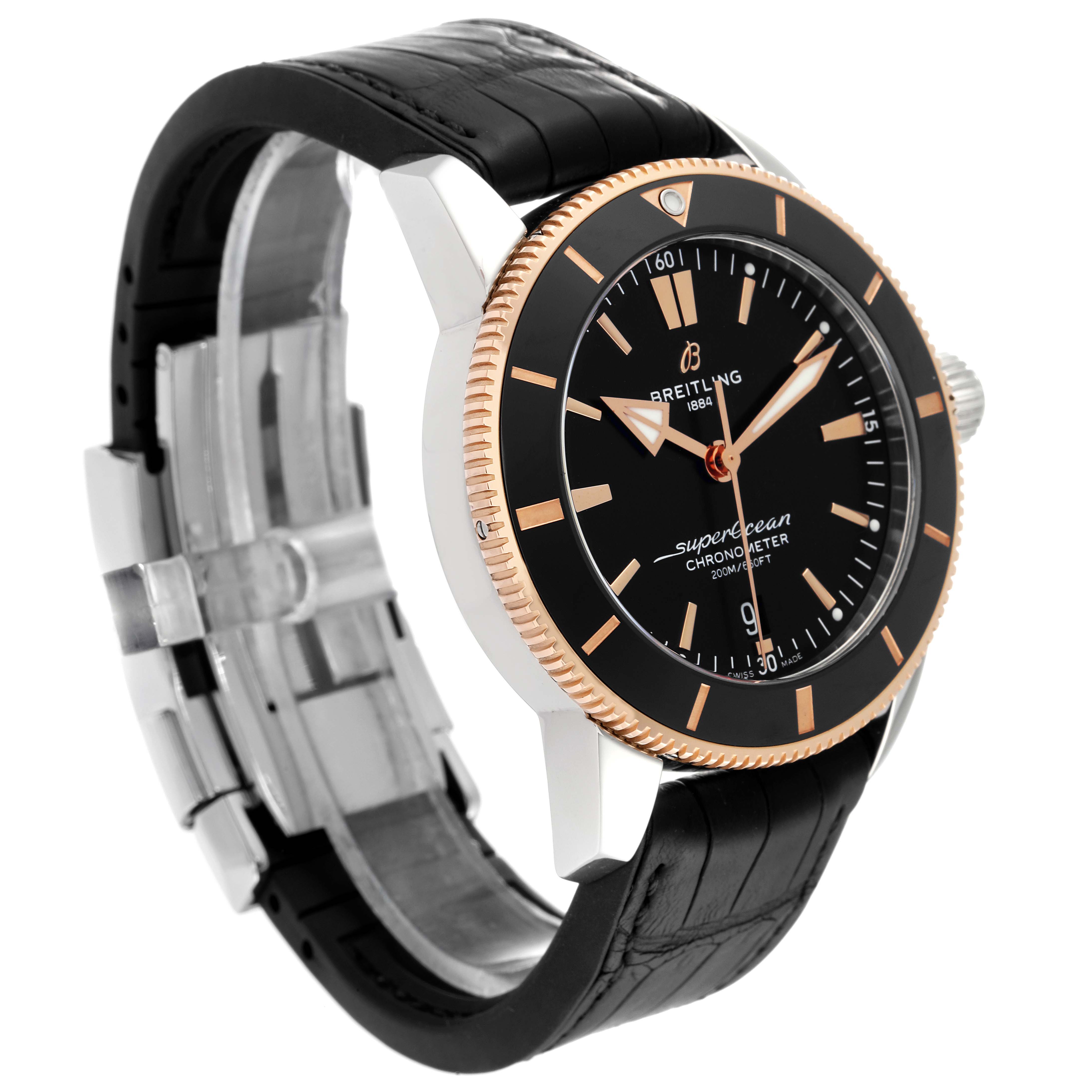 This image shows a Breitling Superocean UB2030121B1S1 Men's Steel and Gold (two tone) Black Dial UB2030121B1S1 Men's Steel and Gold (two tone) Black Dial watch at a three-quarter angle, highlighting the face, bezel, crown, and strap.