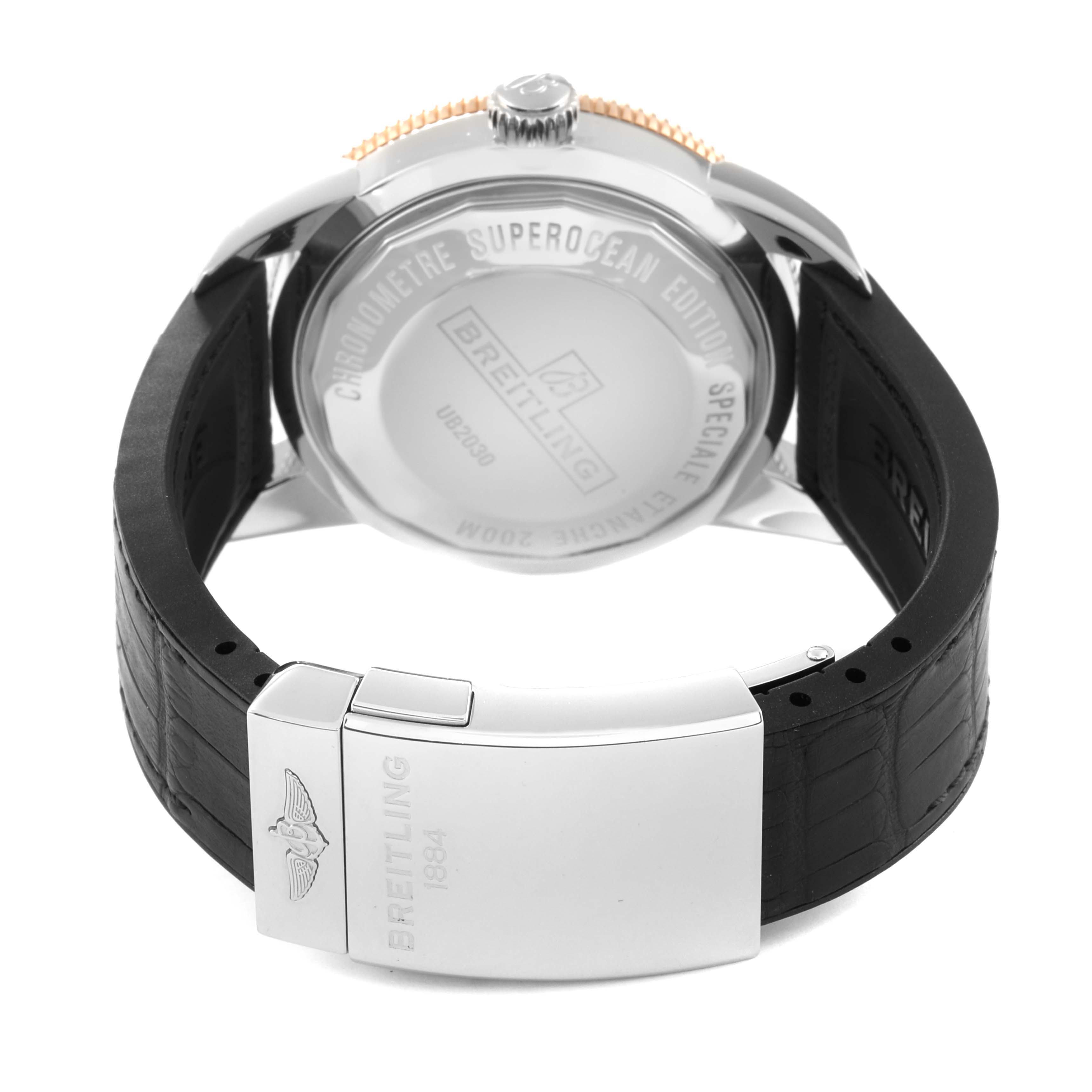 This image shows the back case and clasp of a Breitling Superocean UB2030121B1S1 Men's Steel and Gold (two tone) Black Dial UB2030121B1S1 Men's Steel and Gold (two tone) Black Dial watch at a rear angle.