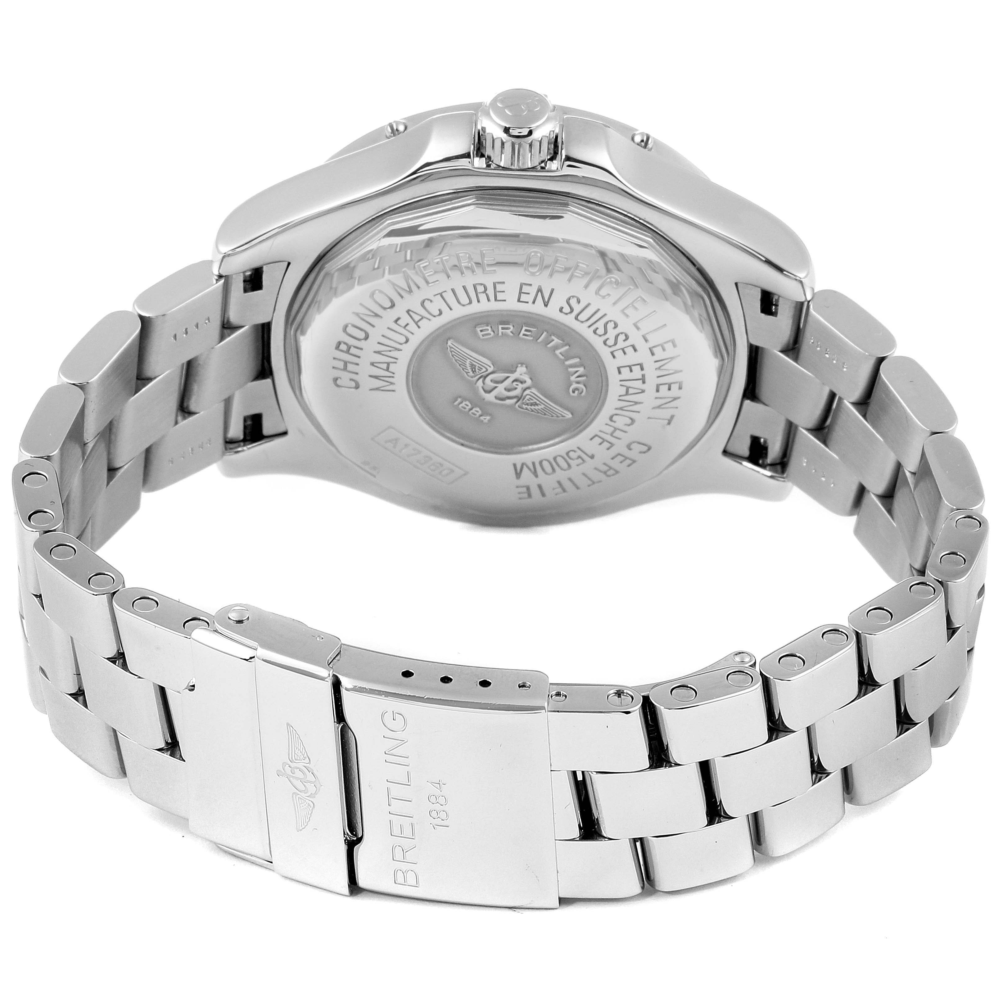 The image shows the back and bracelet of the Breitling Superocean A17360 Men's Stainless Steel Blue Dial A17360 Men's Stainless Steel Blue Dial watch, highlighting the clasp and case back.