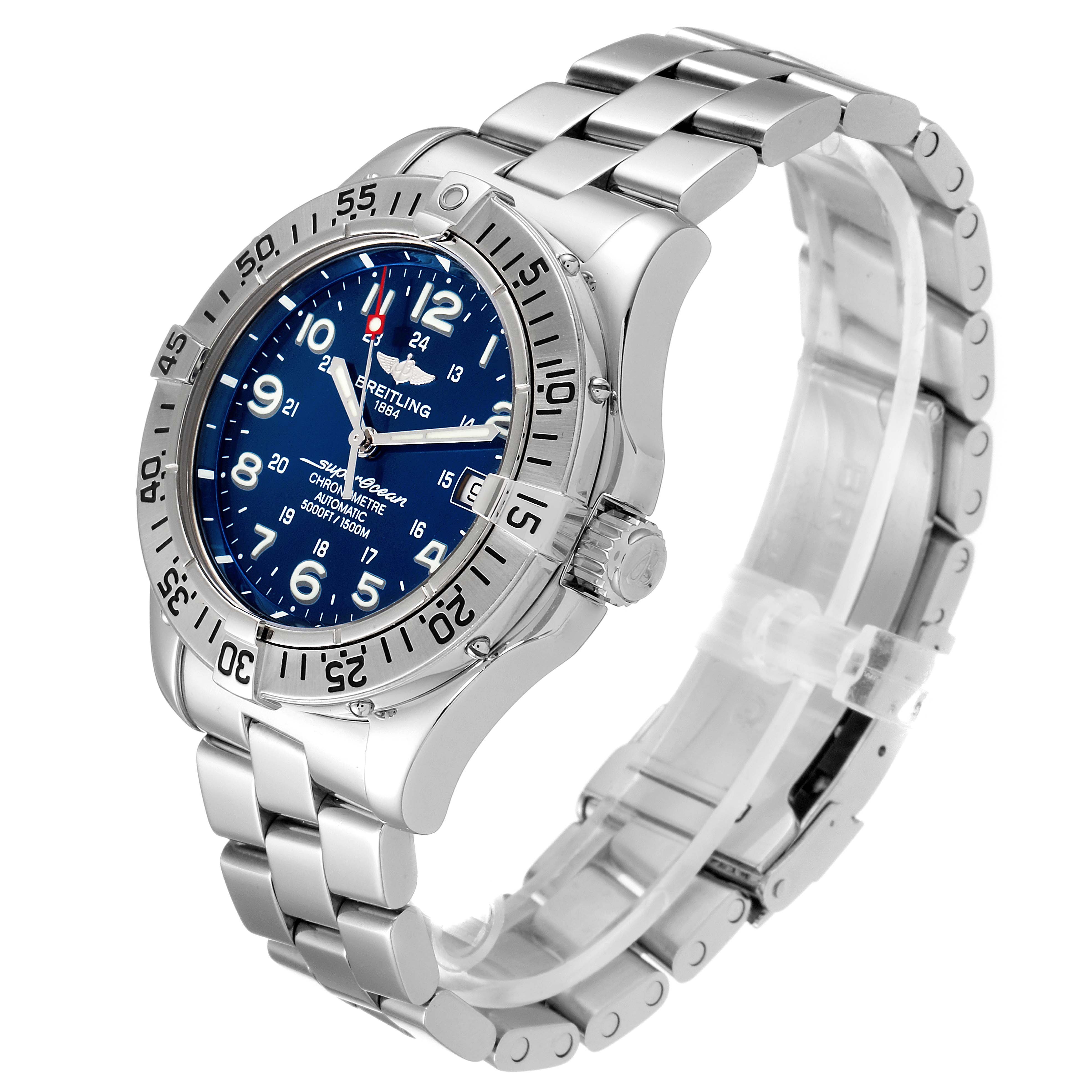 The image shows the front and side view of the Breitling Superocean A17360 Men's Stainless Steel Blue Dial A17360 Men's Stainless Steel Blue Dial watch, featuring its blue dial, bezel, bracelet, and crown.