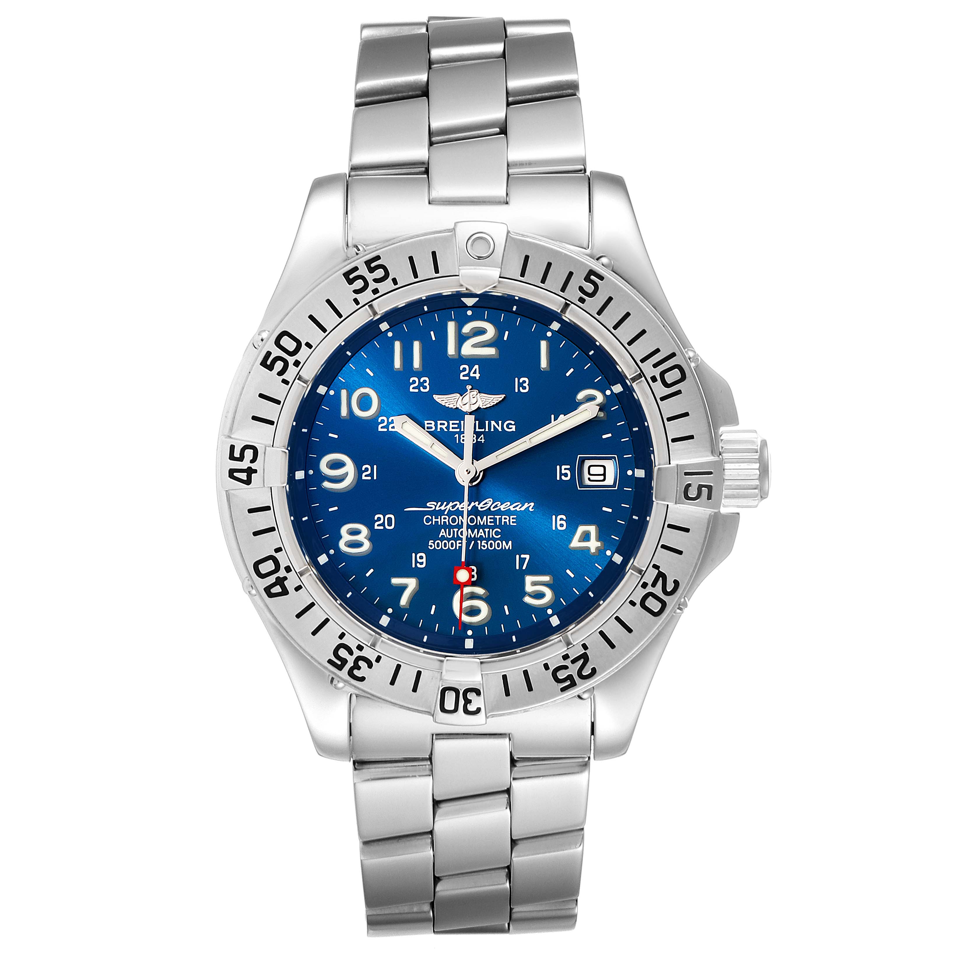 The image shows a front view of the Breitling Superocean A17360 Men's Stainless Steel Blue Dial A17360 Men's Stainless Steel Blue Dial watch with a stainless steel bracelet and blue dial.