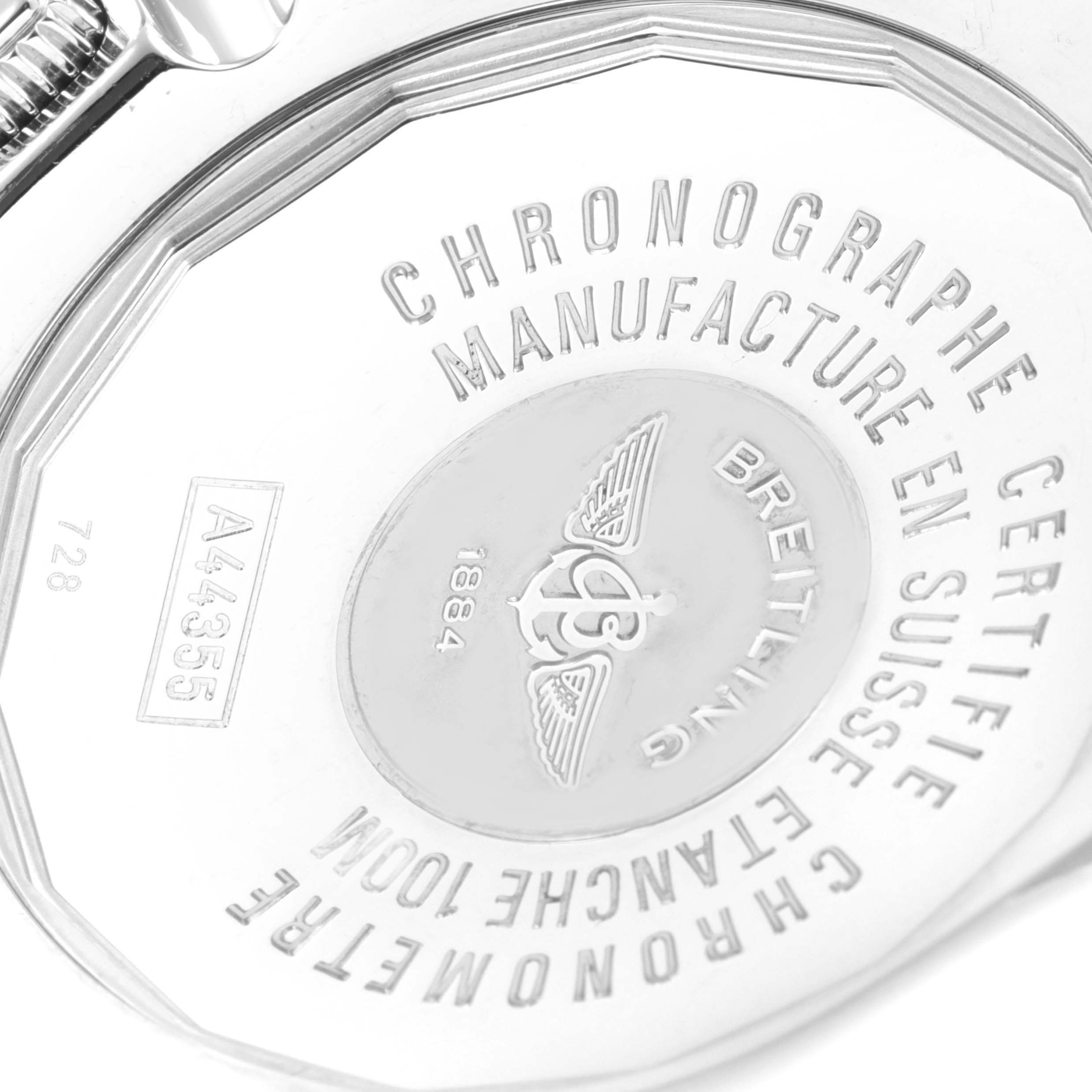The image shows the engraved back case of a Breitling Windrider A44355 Men's Stainless Steel White Dial A44355 Men's Stainless Steel White Dial watch, highlighting model details and certification marks.