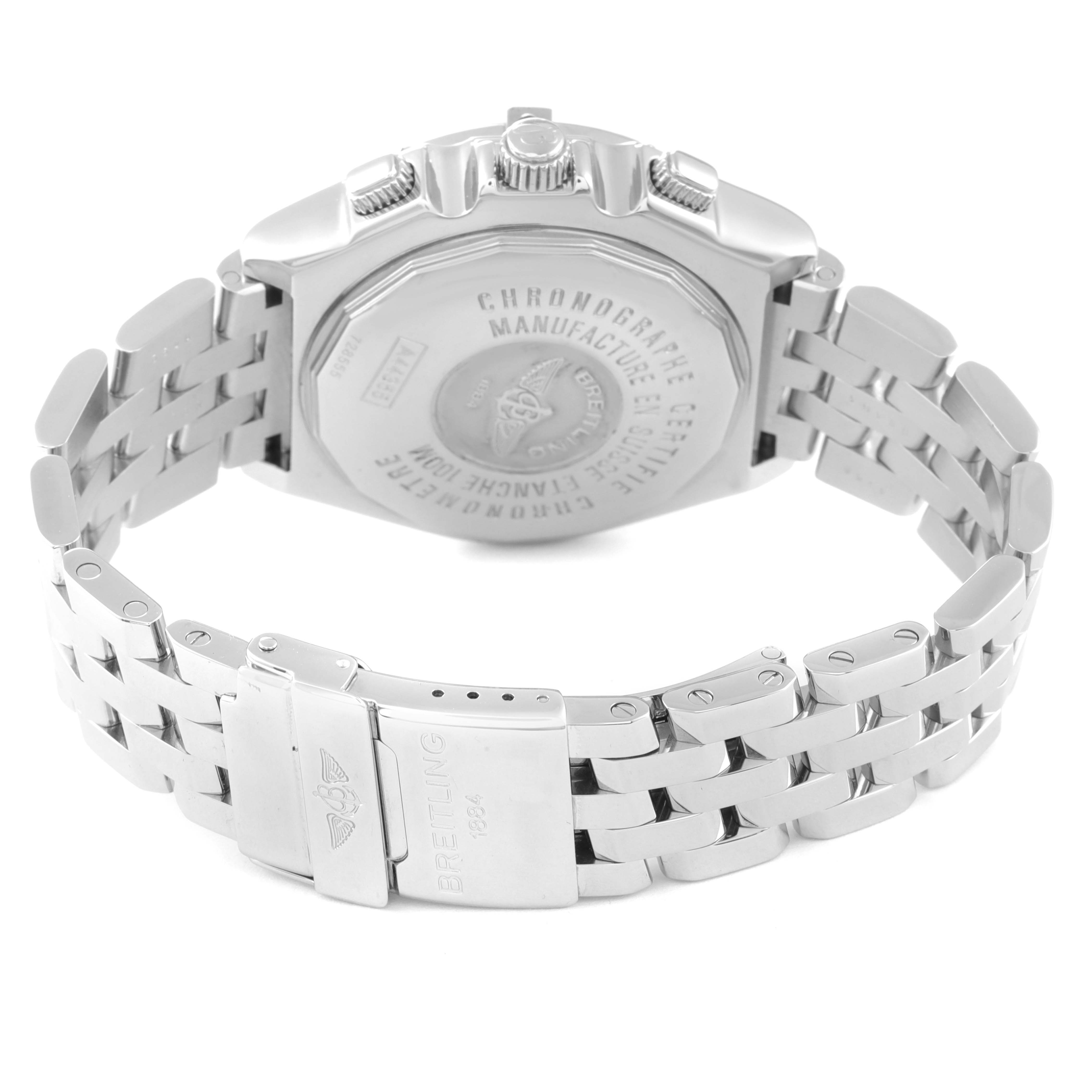 This image shows the back case and bracelet clasp of a Breitling Windrider A44355 Men's Stainless Steel White Dial A44355 Men's Stainless Steel White Dial watch, displayed from a rear angle.