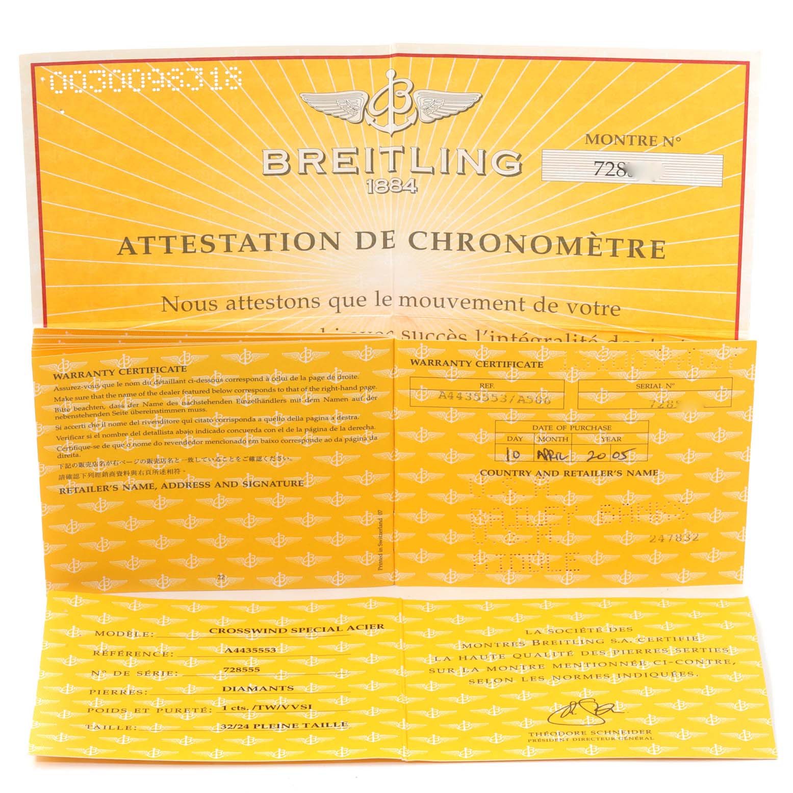 The image shows the warranty certificate and chronometer attestation for the Breitling Windrider A44355 Men's Stainless Steel White Dial A44355 Men's Stainless Steel White Dial model.