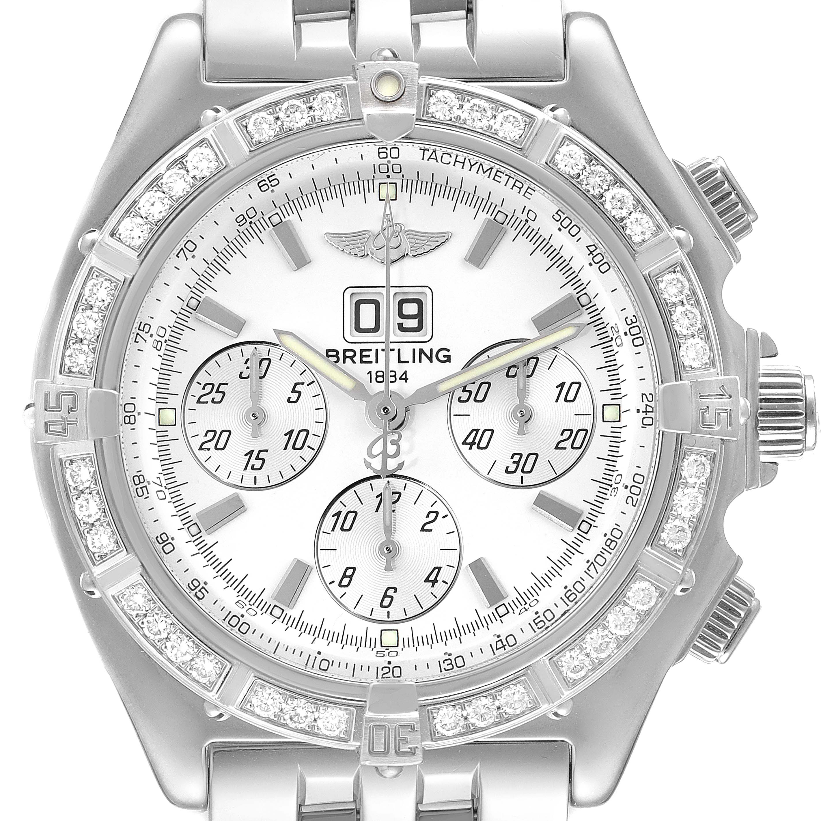 The image shows a frontal view of the Breitling Windrider A44355 Men's Stainless Steel White Dial A44355 Men's Stainless Steel White Dial watch, highlighting the dial, tachymeter, subdials, and bezel with diamonds.