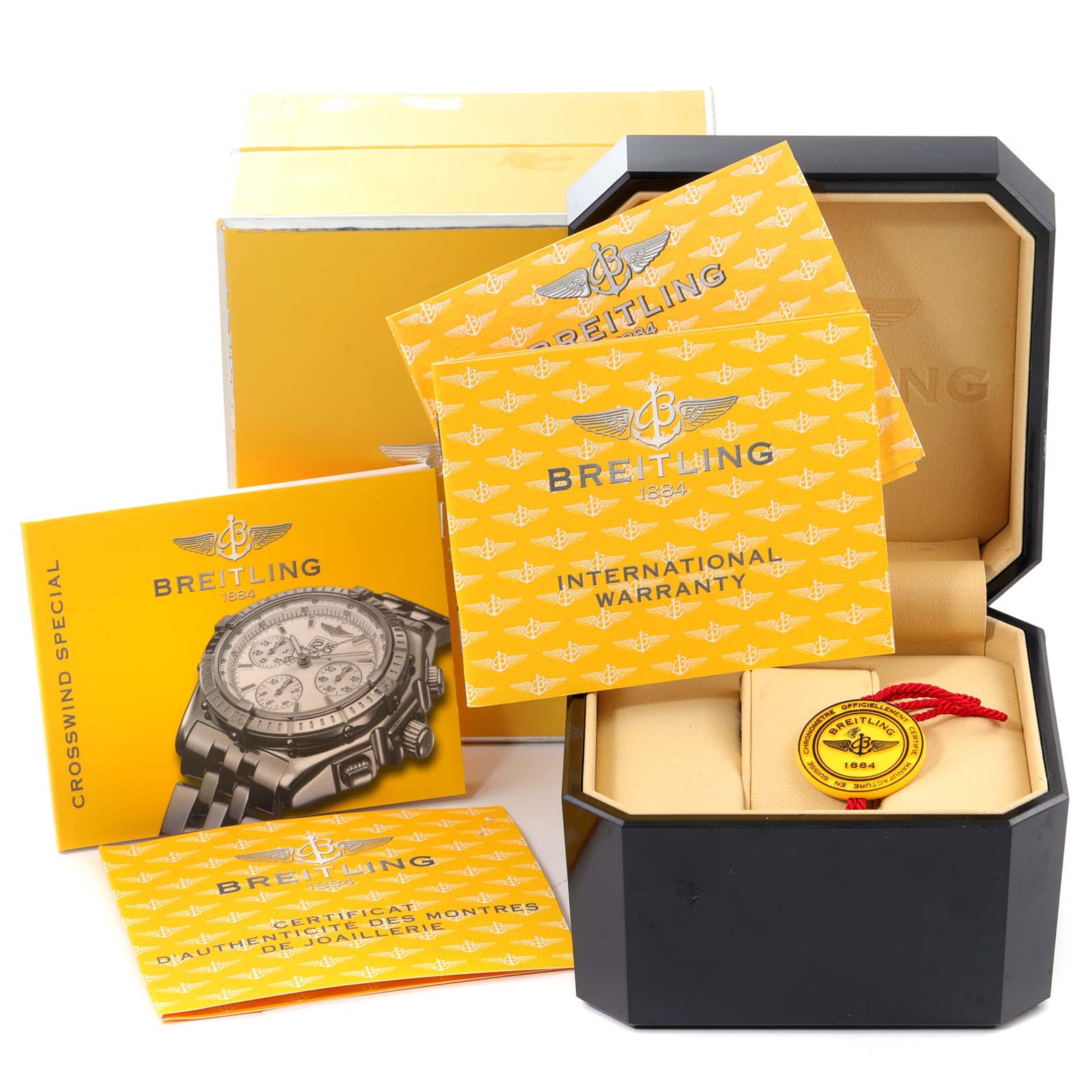 The image shows the Breitling Windrider A44355 Men's Stainless Steel White Dial A44355 Men's Stainless Steel White Dial model box, warranty cards, and tag from a front angle.