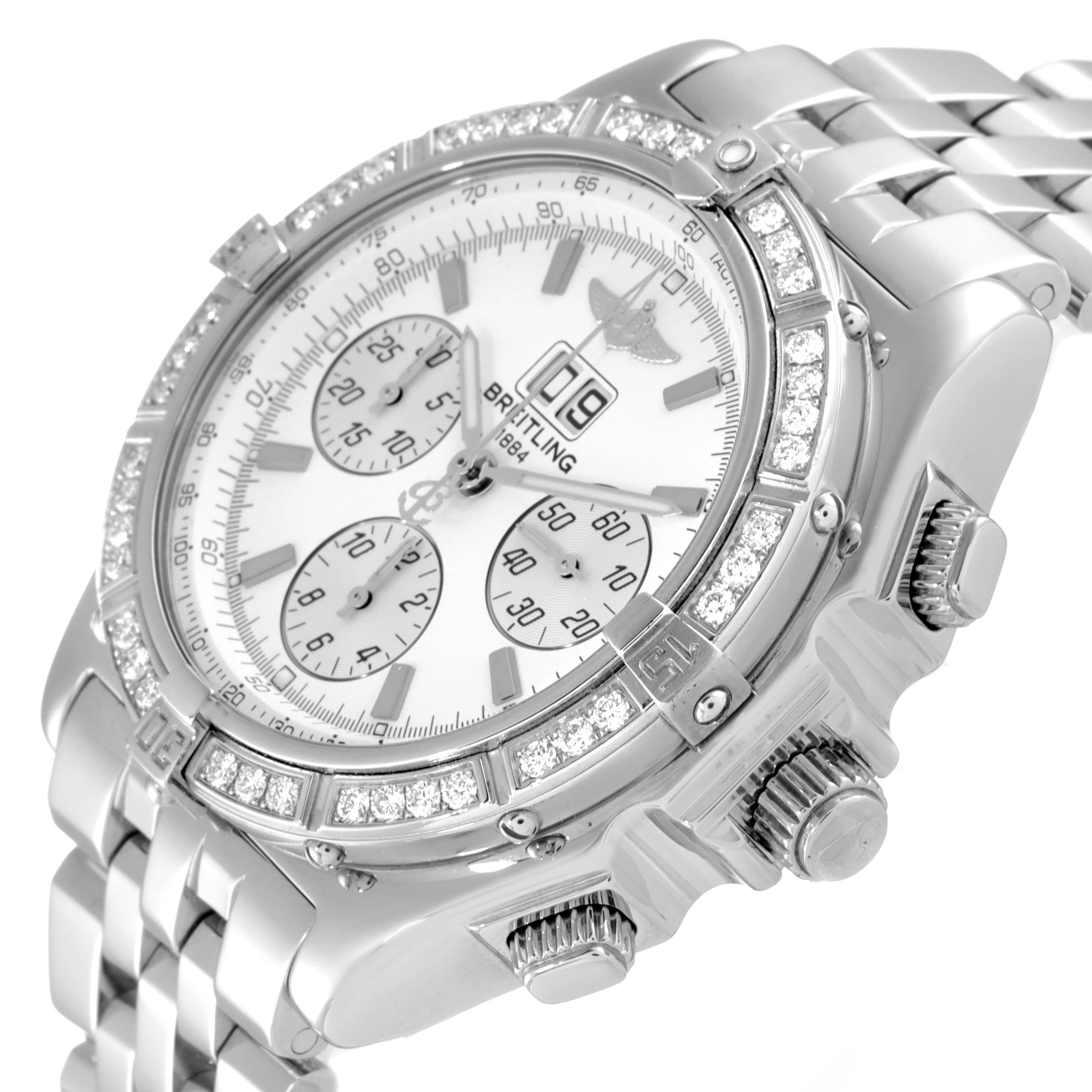 The image shows a close-up, angled view of the Breitling Windrider A44355 Men's Stainless Steel White Dial A44355 Men's Stainless Steel White Dial watch, highlighting its bezel, crown, pushers, and bracelet.