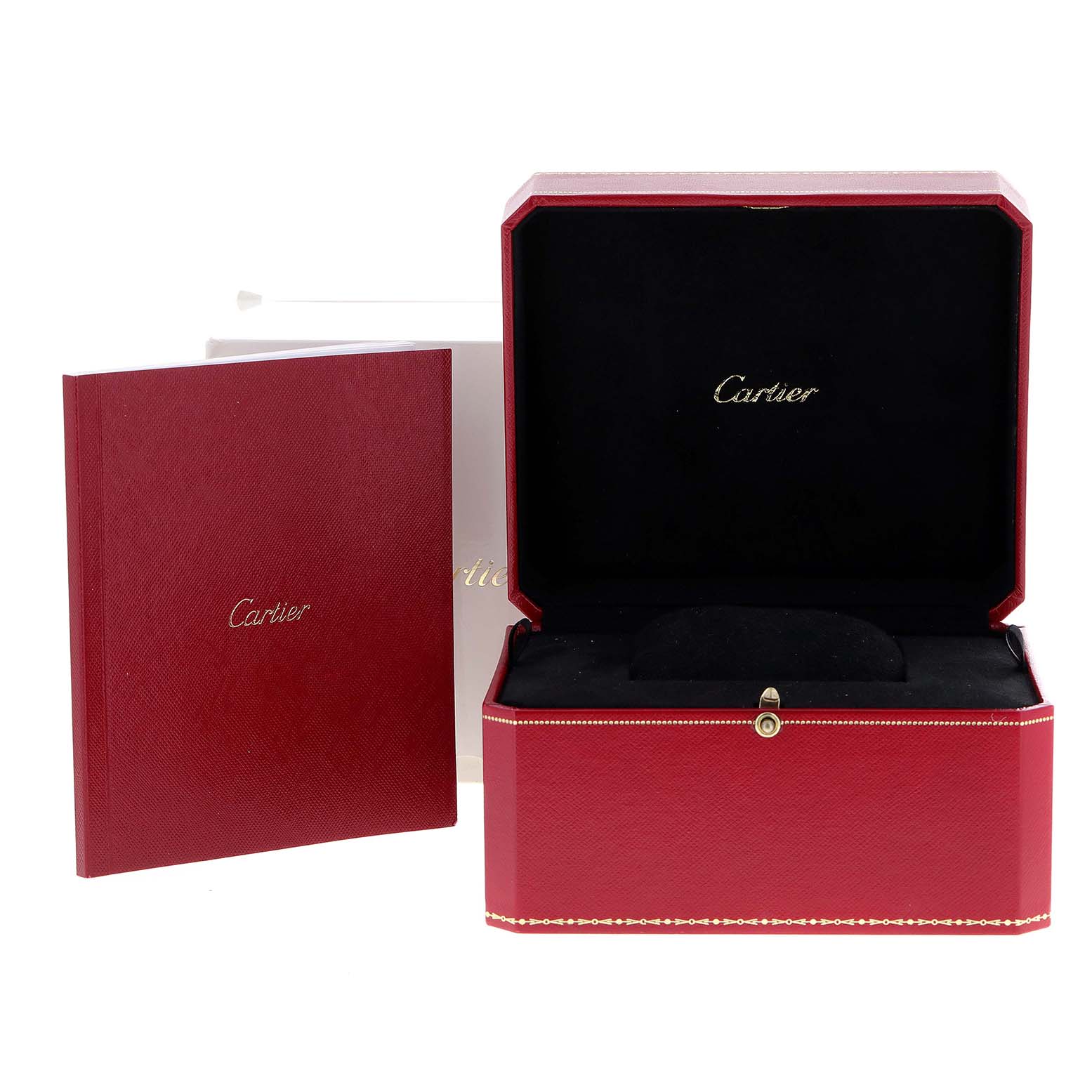 The image shows a Cartier Ballon Bleu WE902074 Women's Stainless Steel Silver Dial WE902074 Women's Stainless Steel Silver Dial model watch box, a closed booklet, and an outer cardboard box.