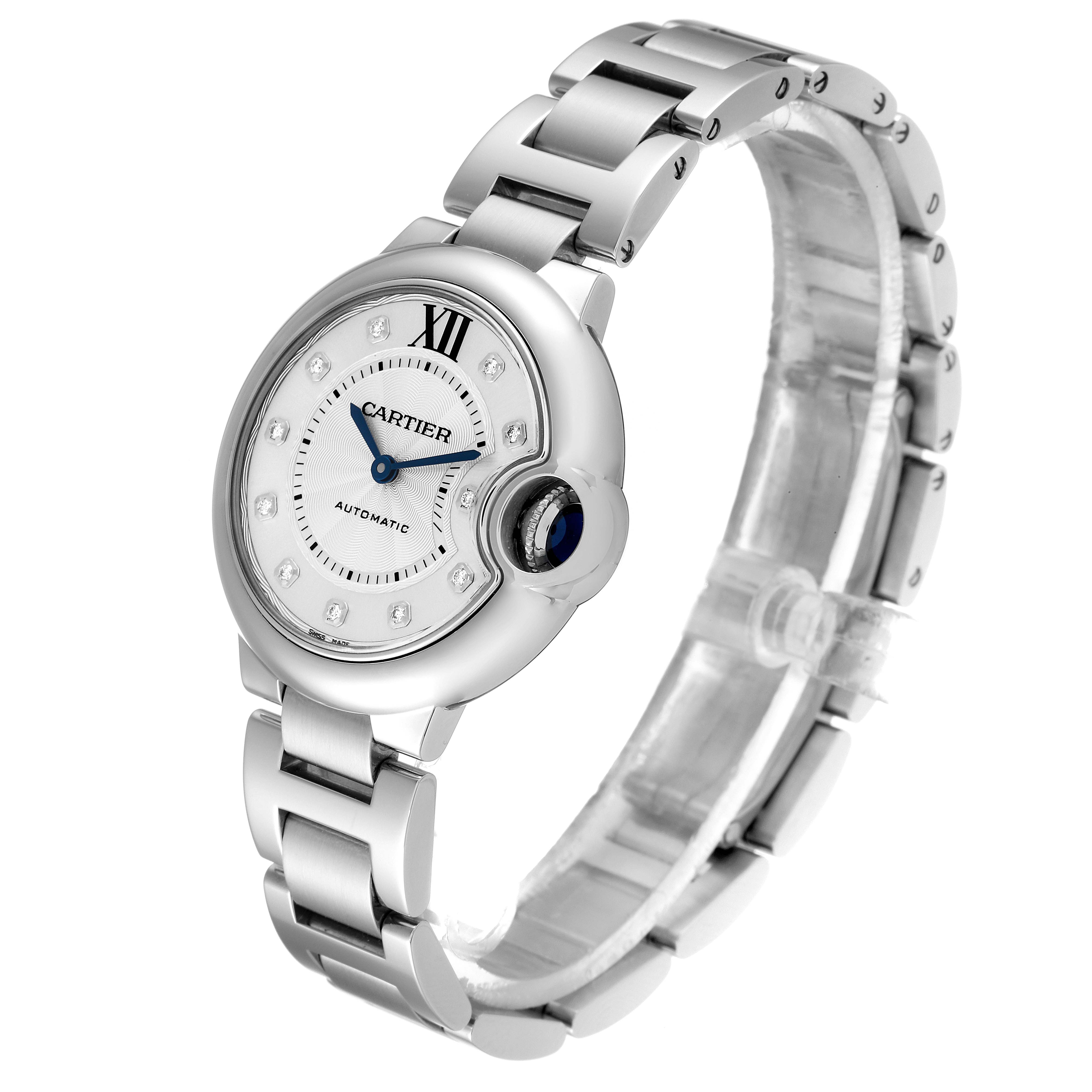 The image shows a side angle of the Ballon Bleu by Cartier, featuring the watch face, bezel, crown, and part of the metal bracelet.