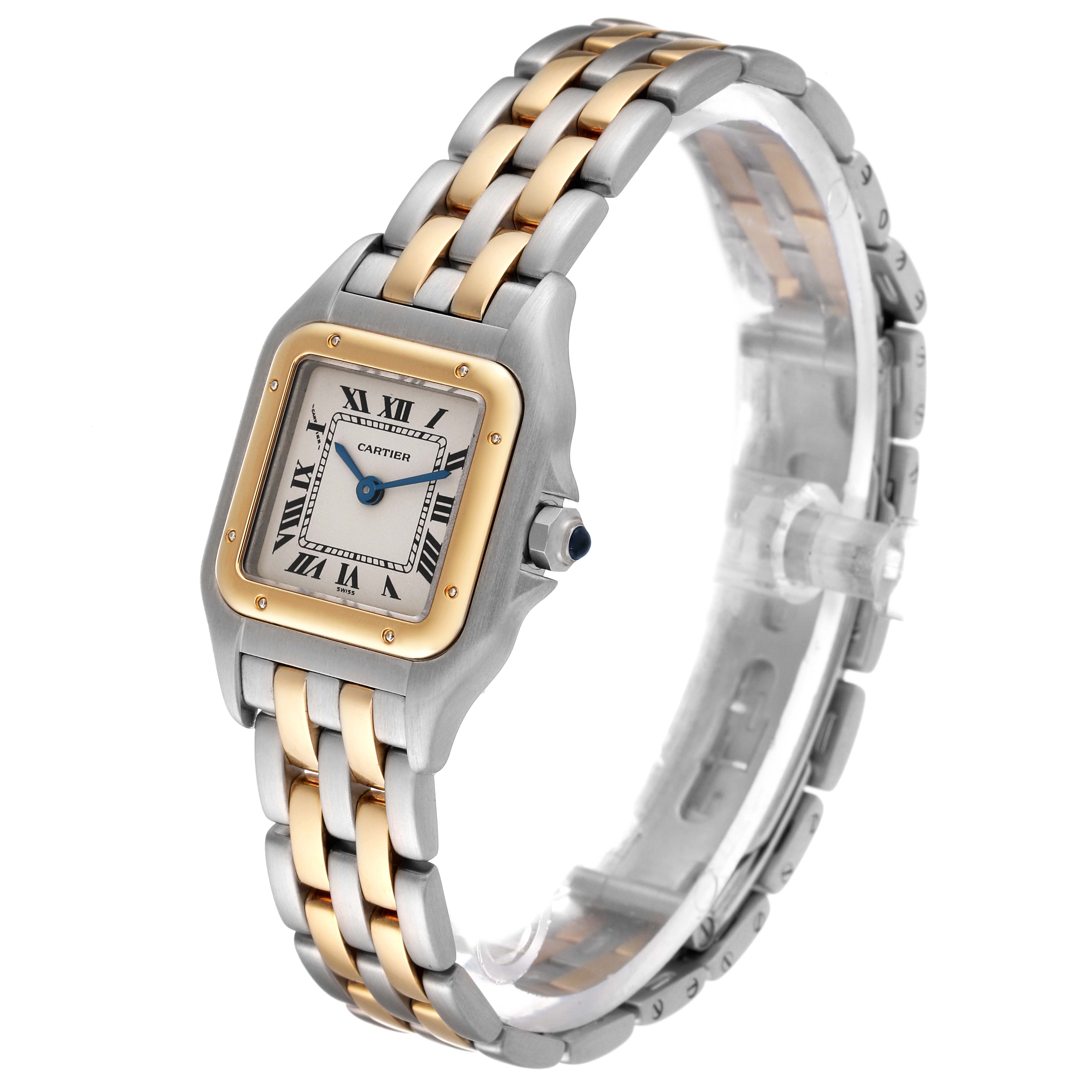 The image shows a front-angle view of a Cartier Panthere W25029B6 Women
s Steel and Gold (two tone) Silver Dial W25029B6 Women
s Steel and Gold (two tone) Silver Dial watch, highlighting its two-tone bracelet and square dial with Roman numerals.