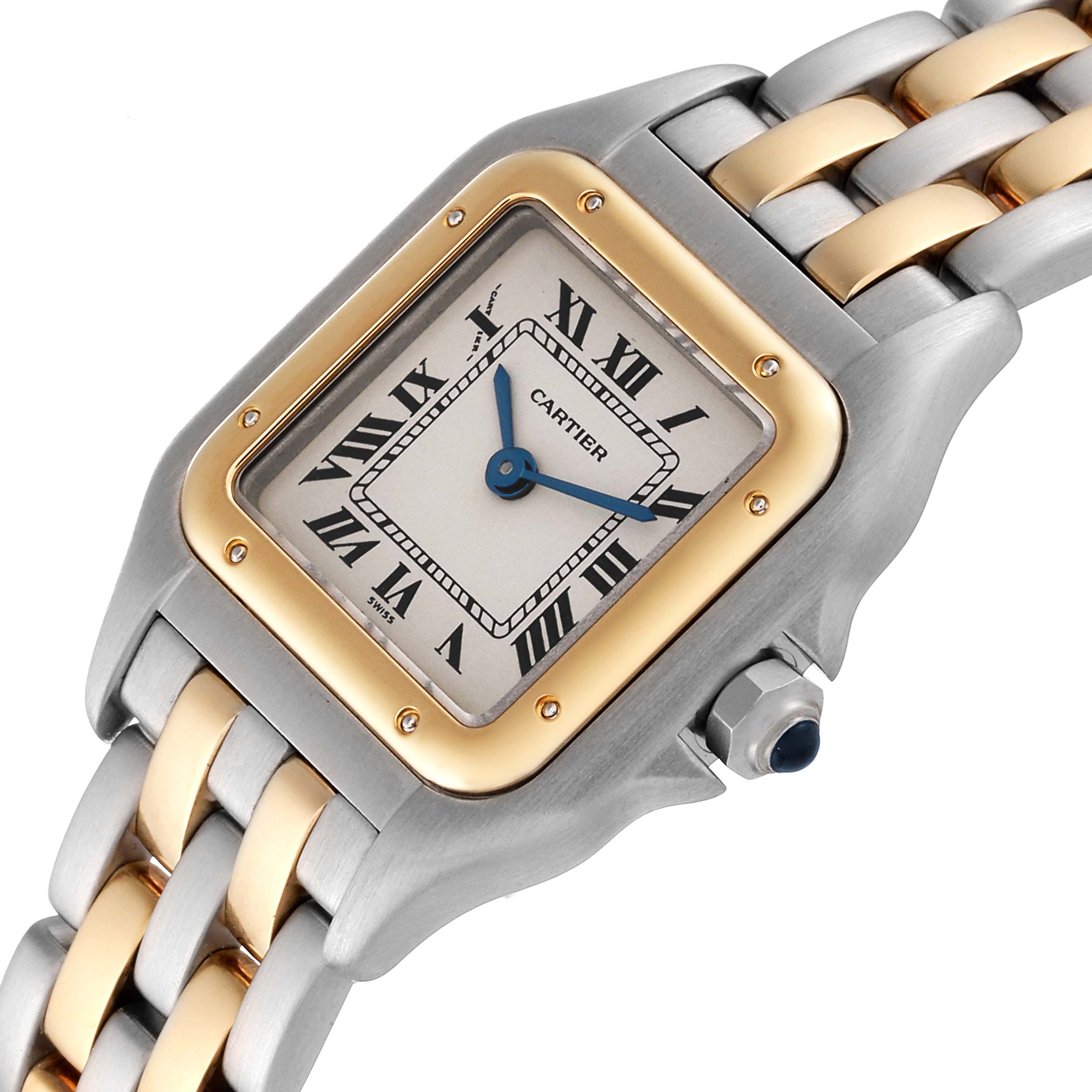 The image shows a close-up of the Cartier Panthere W25029B6 Women
s Steel and Gold (two tone) Silver Dial W25029B6 Women
s Steel and Gold (two tone) Silver Dial watch
s face, crown, and part of the two-tone metal bracelet.