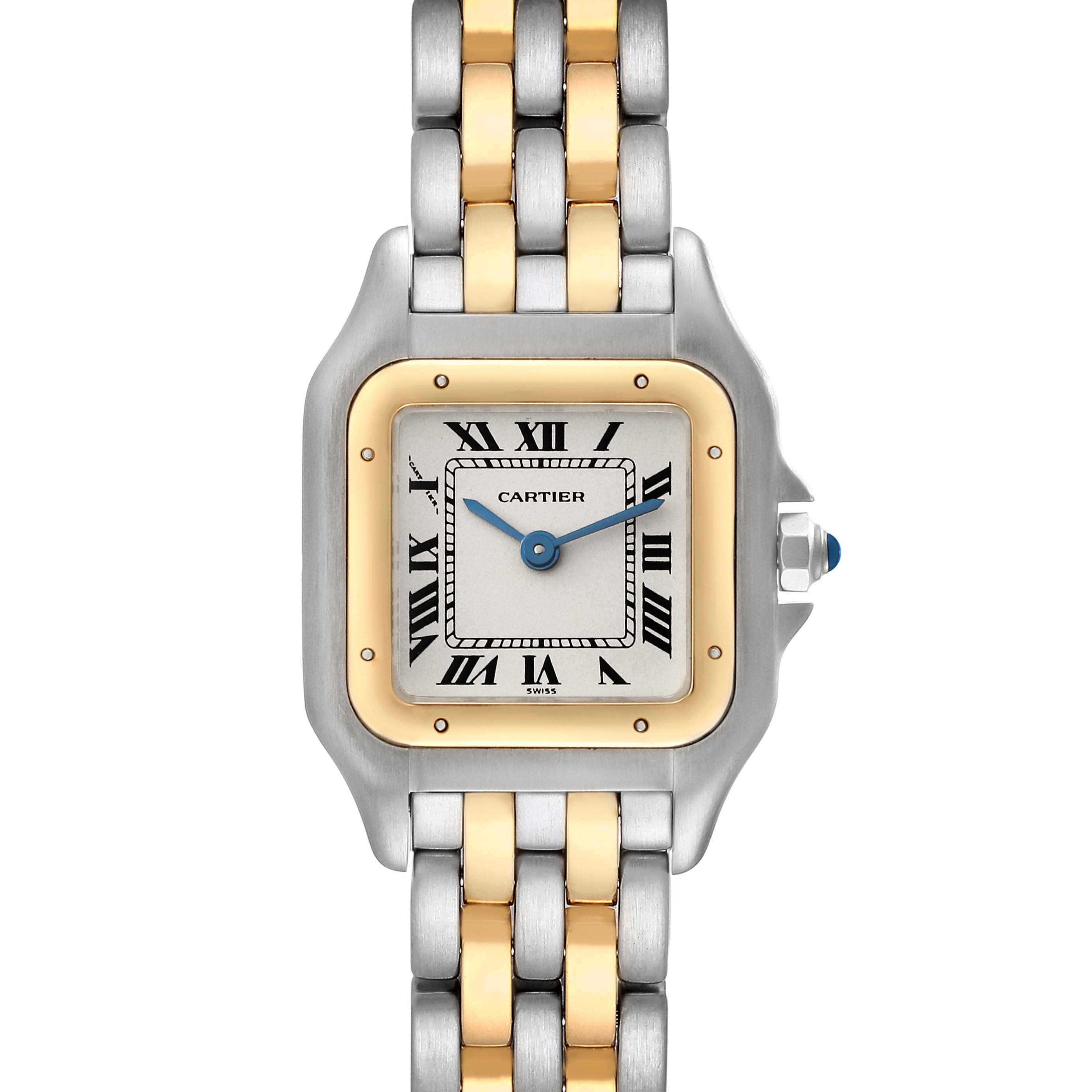 This image shows a front view of a Cartier Panthère watch, highlighting the face, bezel, and part of the bracelet.