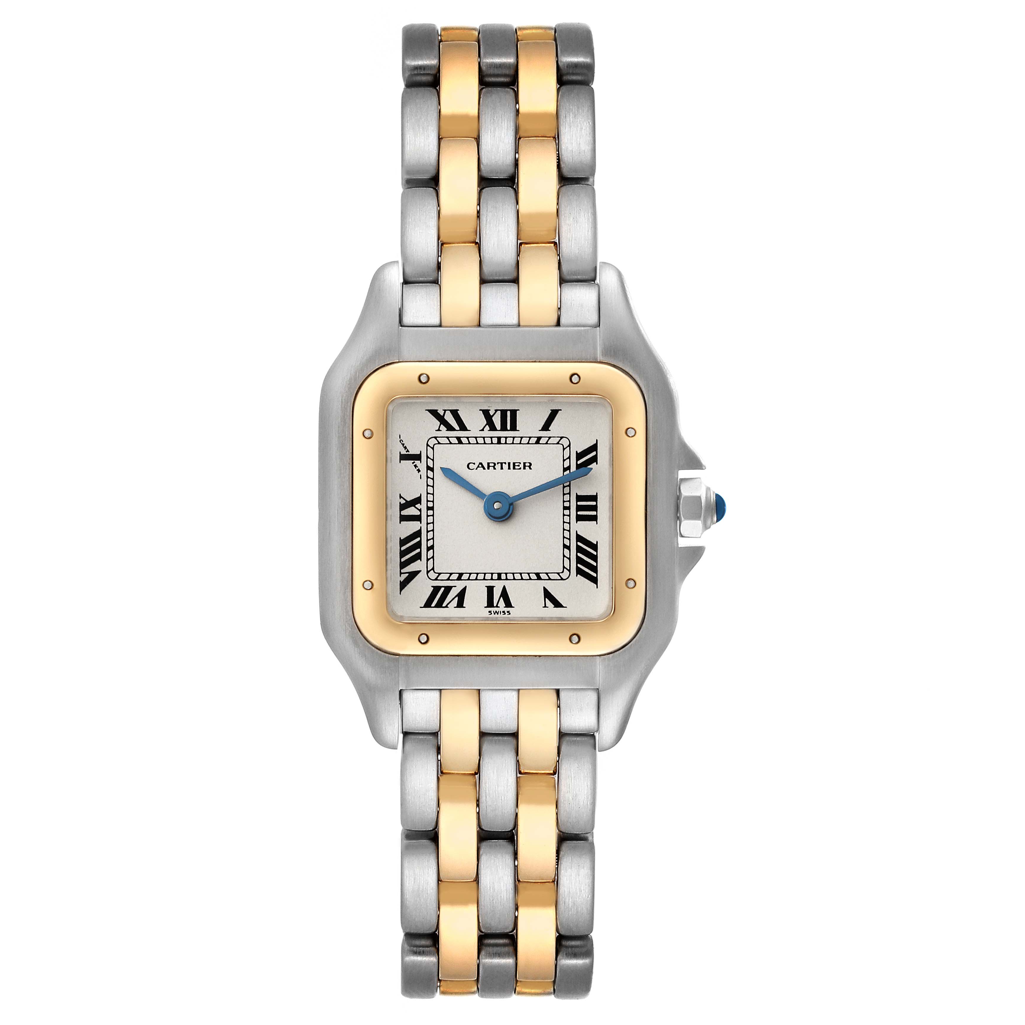 This image shows the front view of a Cartier Panthere W25029B6 Women
s Steel and Gold (two tone) Silver Dial W25029B6 Women
s Steel and Gold (two tone) Silver Dial watch, featuring its dial, bezel, and two-tone bracelet.