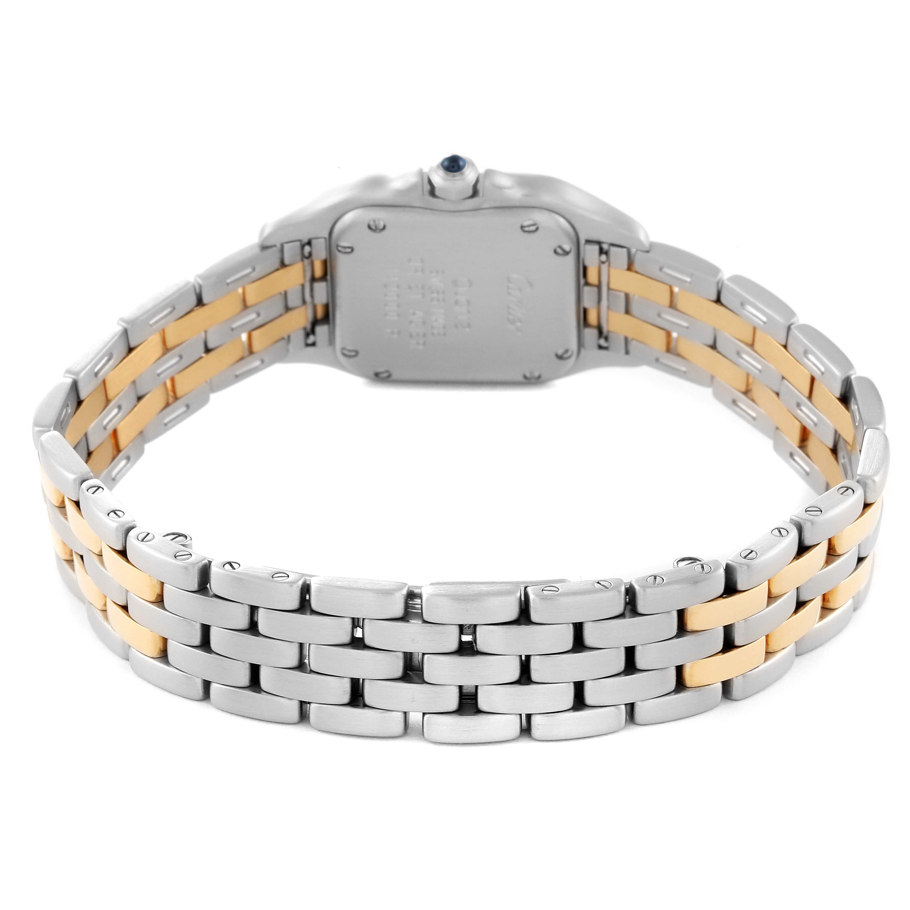 The image shows the back view of a Cartier Panthere W25029B6 Women
s Steel and Gold (two tone) Silver Dial W25029B6 Women
s Steel and Gold (two tone) Silver Dial watch, highlighting its two-tone metal bracelet and case back.