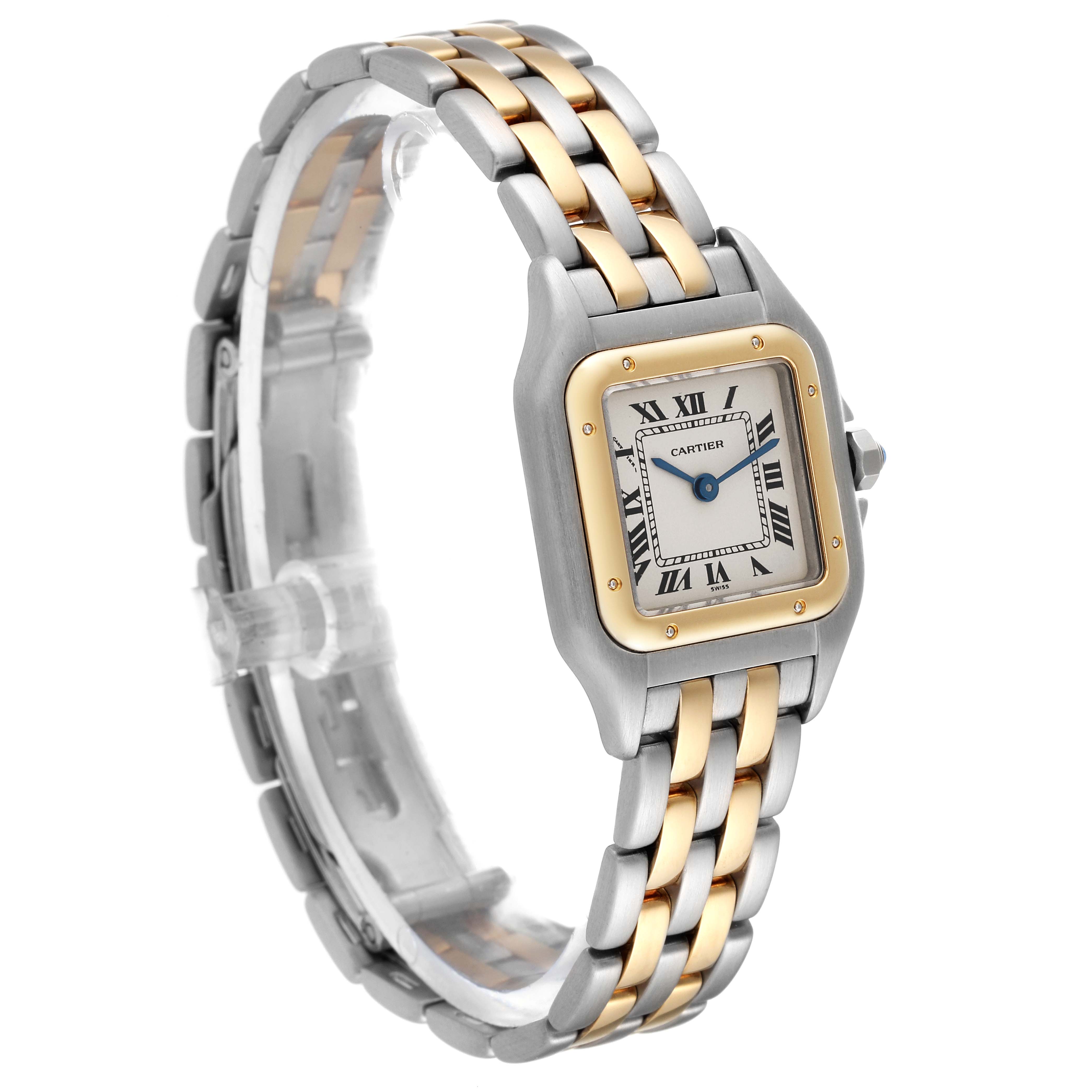 This Cartier Panthere W25029B6 Women
s Steel and Gold (two tone) Silver Dial W25029B6 Women
s Steel and Gold (two tone) Silver Dial model watch is shown at a three-quarter angle, displaying its face and two-tone bracelet.