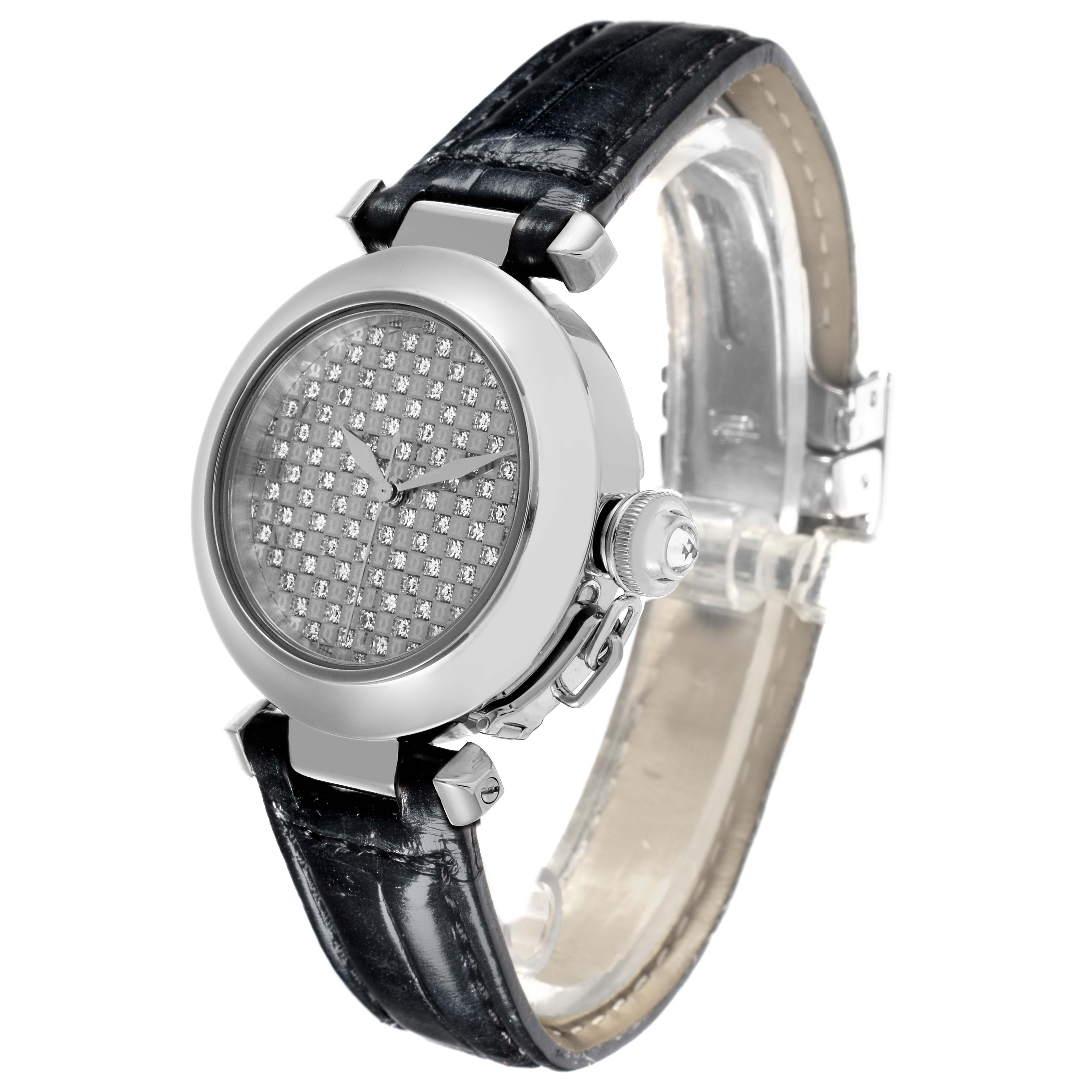 The Cartier Pasha WJ112031 Women's White Gold Silver Dial WJ112031 Women's White Gold Silver Dial watch is shown from a front angle, highlighting the dial, bezel, strap, and crown.