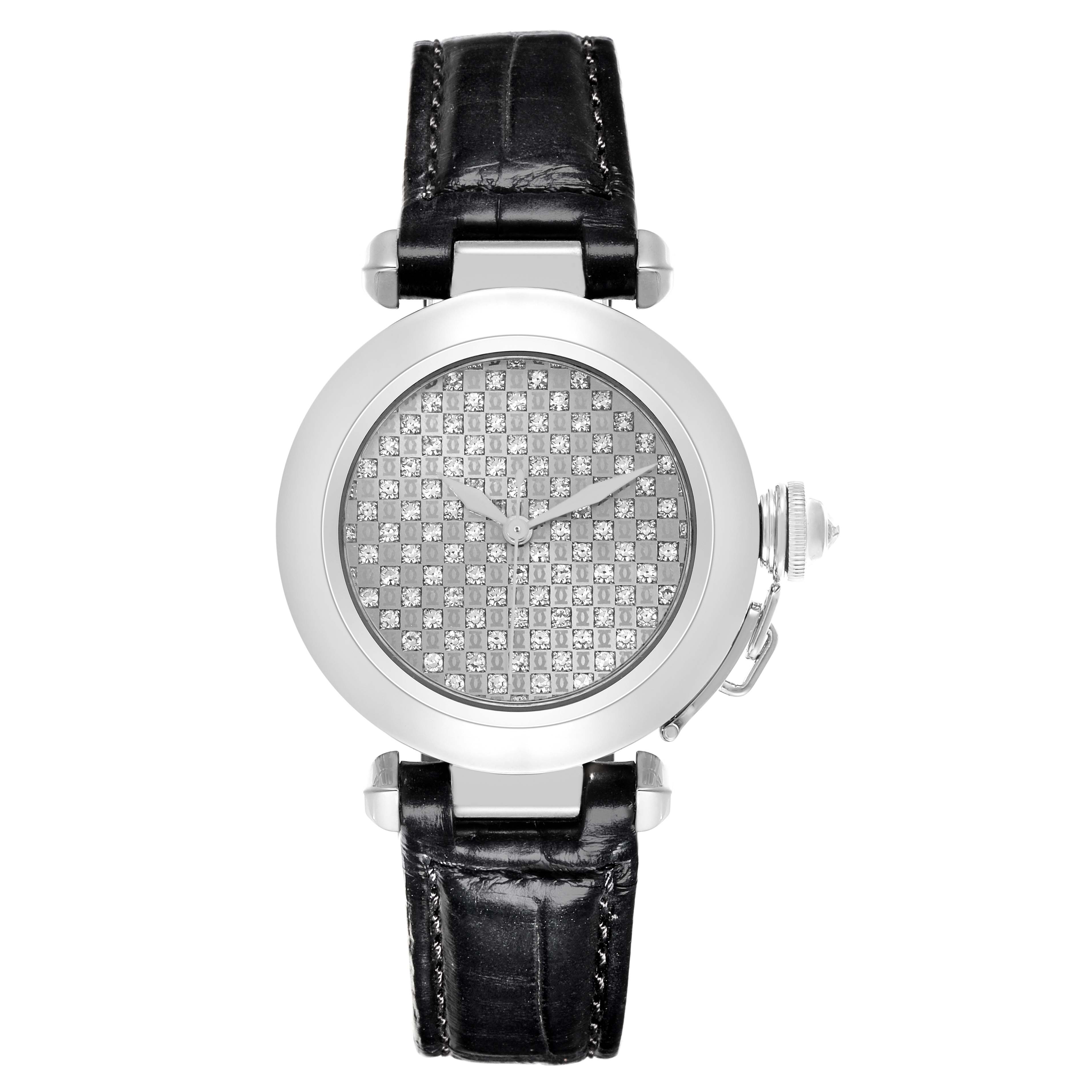 The Cartier Pasha WJ112031 Women's White Gold Silver Dial WJ112031 Women's White Gold Silver Dial watch is shown from a top view, displaying its face, bezel, crown, and black leather strap.