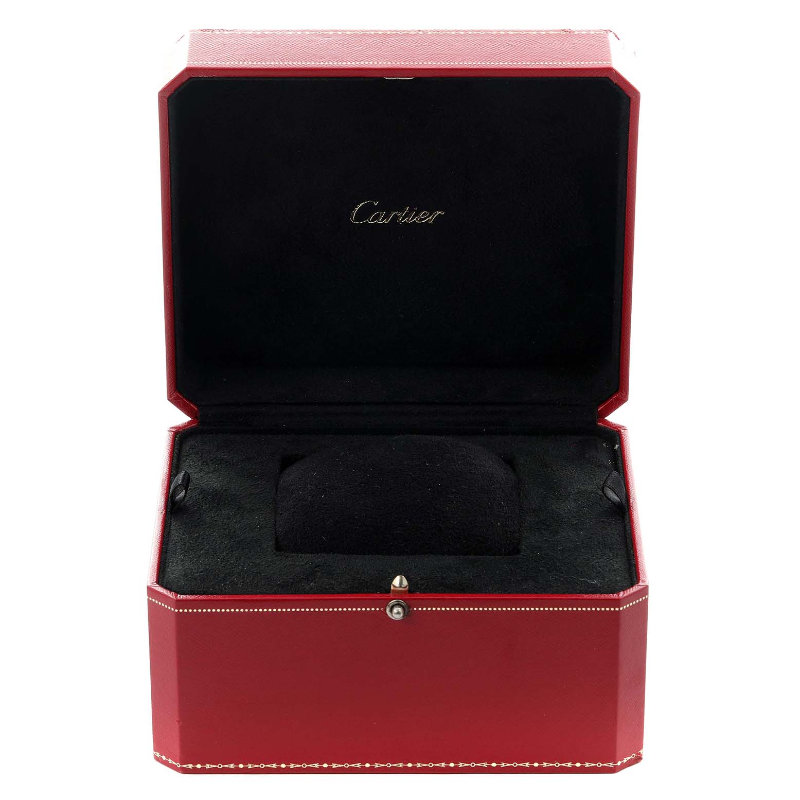 The image shows an open red Cartier Pasha WJ112031 Women's White Gold Silver Dial WJ112031 Women's White Gold Silver Dial watch box from the front, displaying the interior lining.