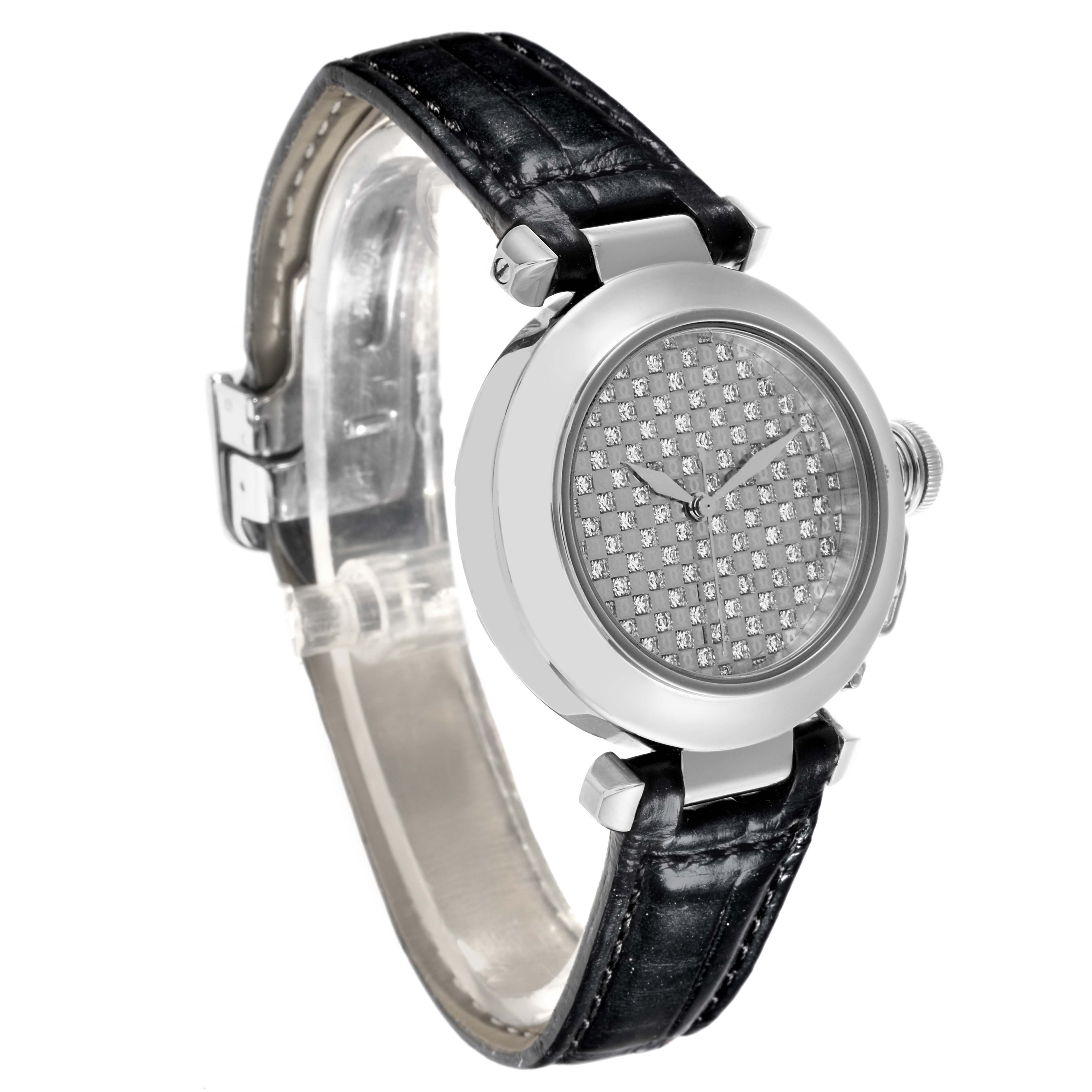 The Cartier Pasha WJ112031 Women's White Gold Silver Dial WJ112031 Women's White Gold Silver Dial watch is shown at a three-quarter angle, highlighting the face, bezel, crown, and black leather strap.