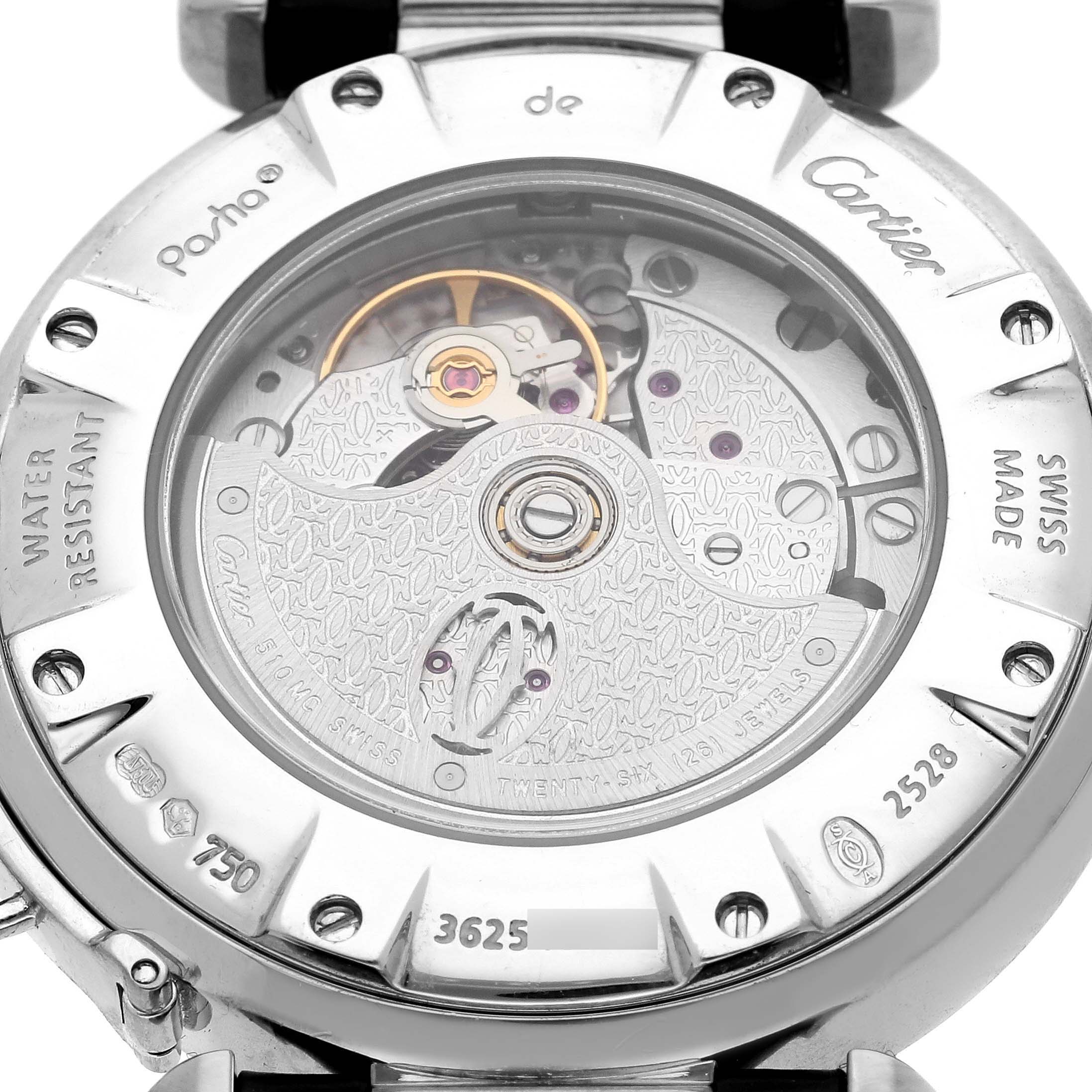 The image shows the back of the Cartier Pasha WJ112031 Women's White Gold Silver Dial WJ112031 Women's White Gold Silver Dial watch, highlighting the visible movement and engravings.