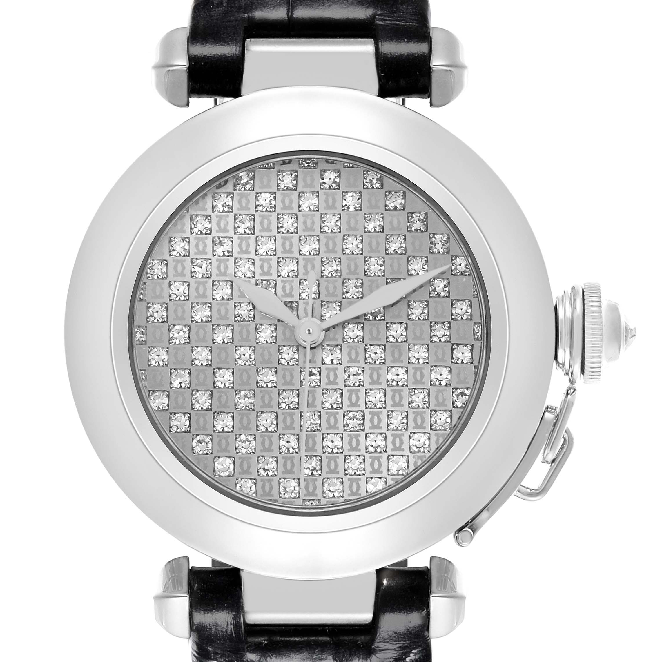 The Cartier Pasha WJ112031 Women's White Gold Silver Dial WJ112031 Women's White Gold Silver Dial watch is shown from a top view, highlighting the diamond-patterned dial and leather strap.