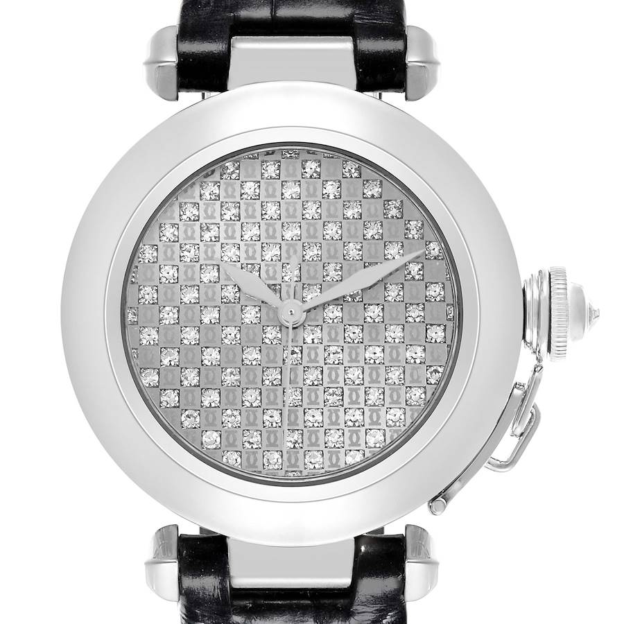 The Cartier Pasha watch is shown from a top view, highlighting the diamond-patterned dial and leather strap.