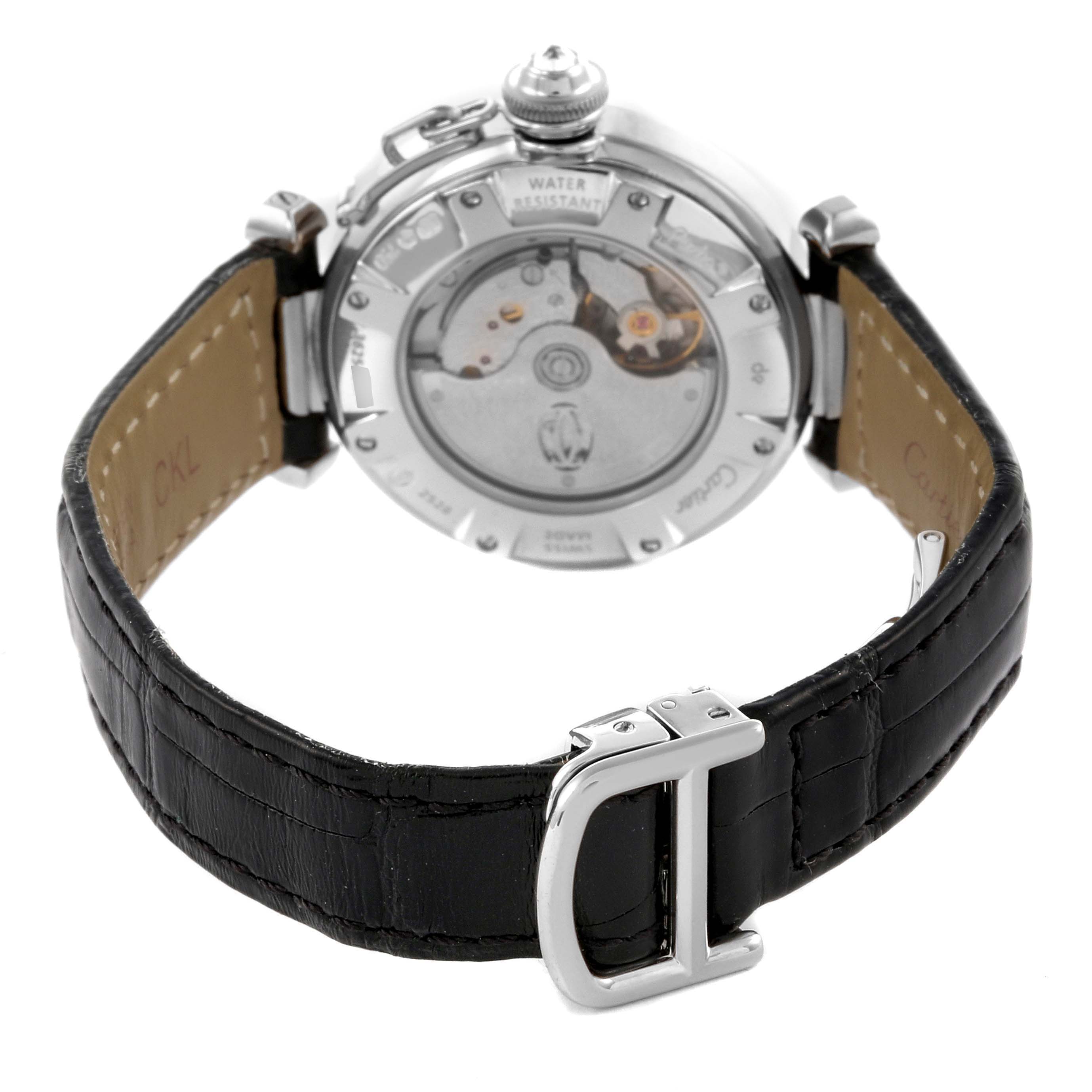 The image shows the back of the Cartier Pasha WJ112031 Women's White Gold Silver Dial WJ112031 Women's White Gold Silver Dial watch, highlighting its movement and black leather strap with a silver buckle.