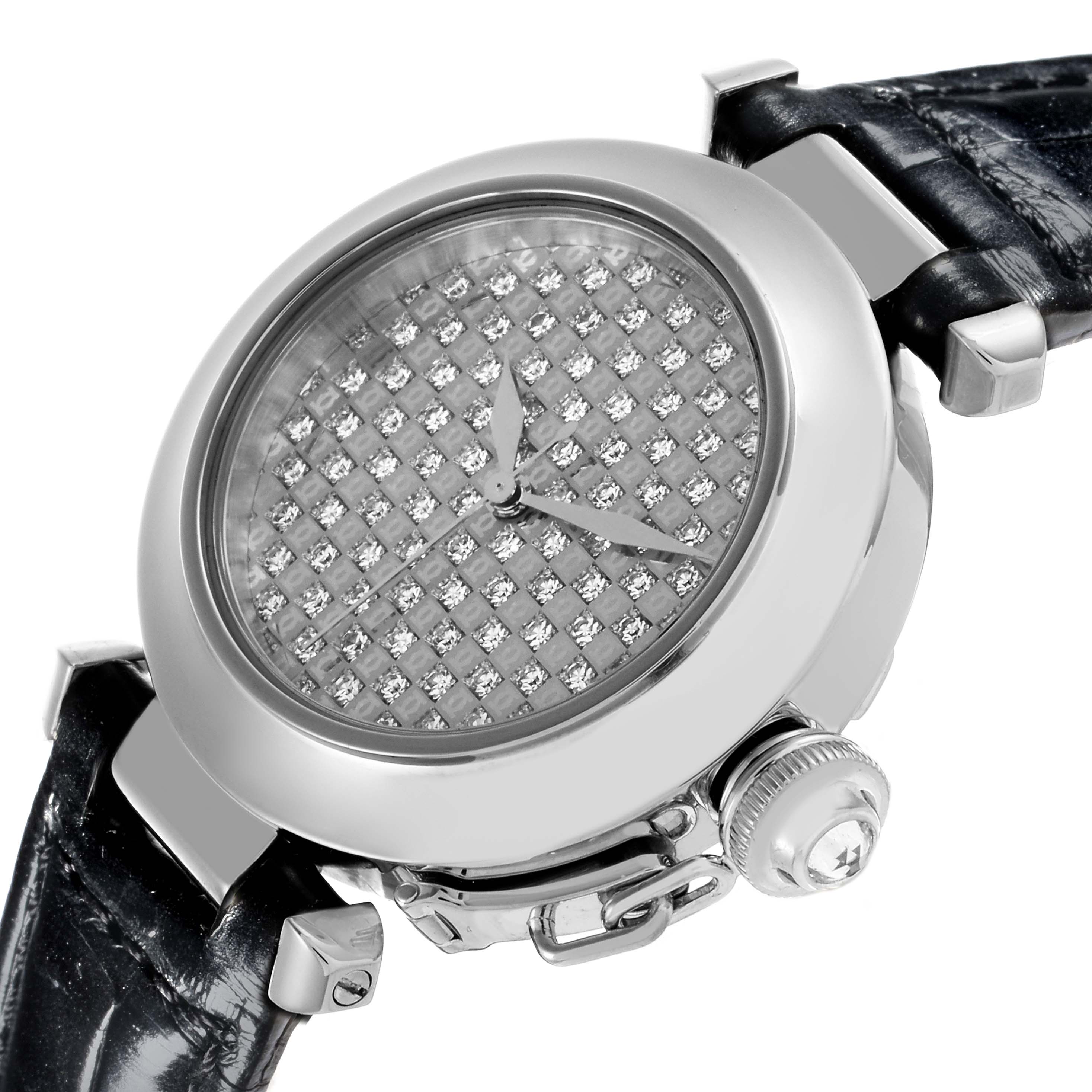 The Cartier Pasha WJ112031 Women's White Gold Silver Dial WJ112031 Women's White Gold Silver Dial watch is shown from a side angle, highlighting the diamond-studded dial and crown.
