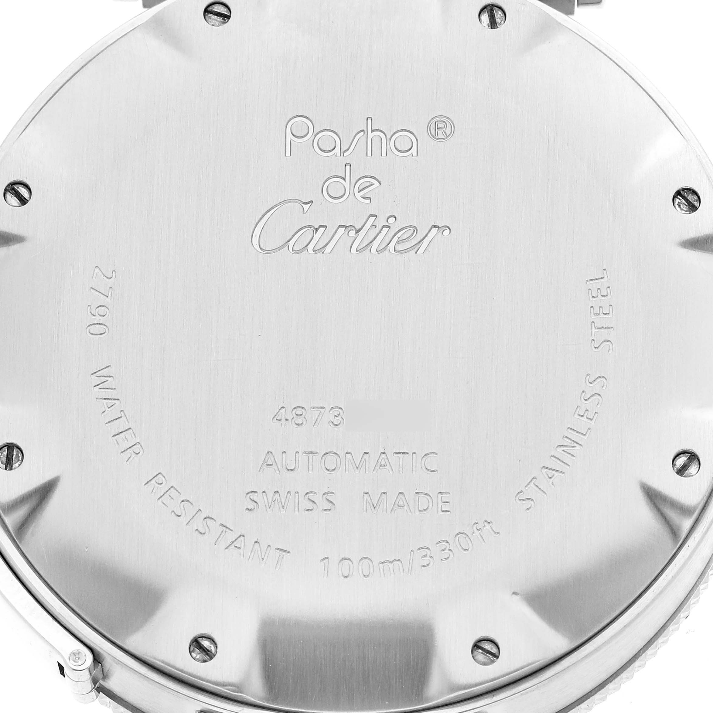 This image shows the back case of a Cartier Pasha W31077M7 Men
s Stainless Steel Black Dial W31077M7 Men
s Stainless Steel Black Dial watch, highlighting its engravings and screw details.