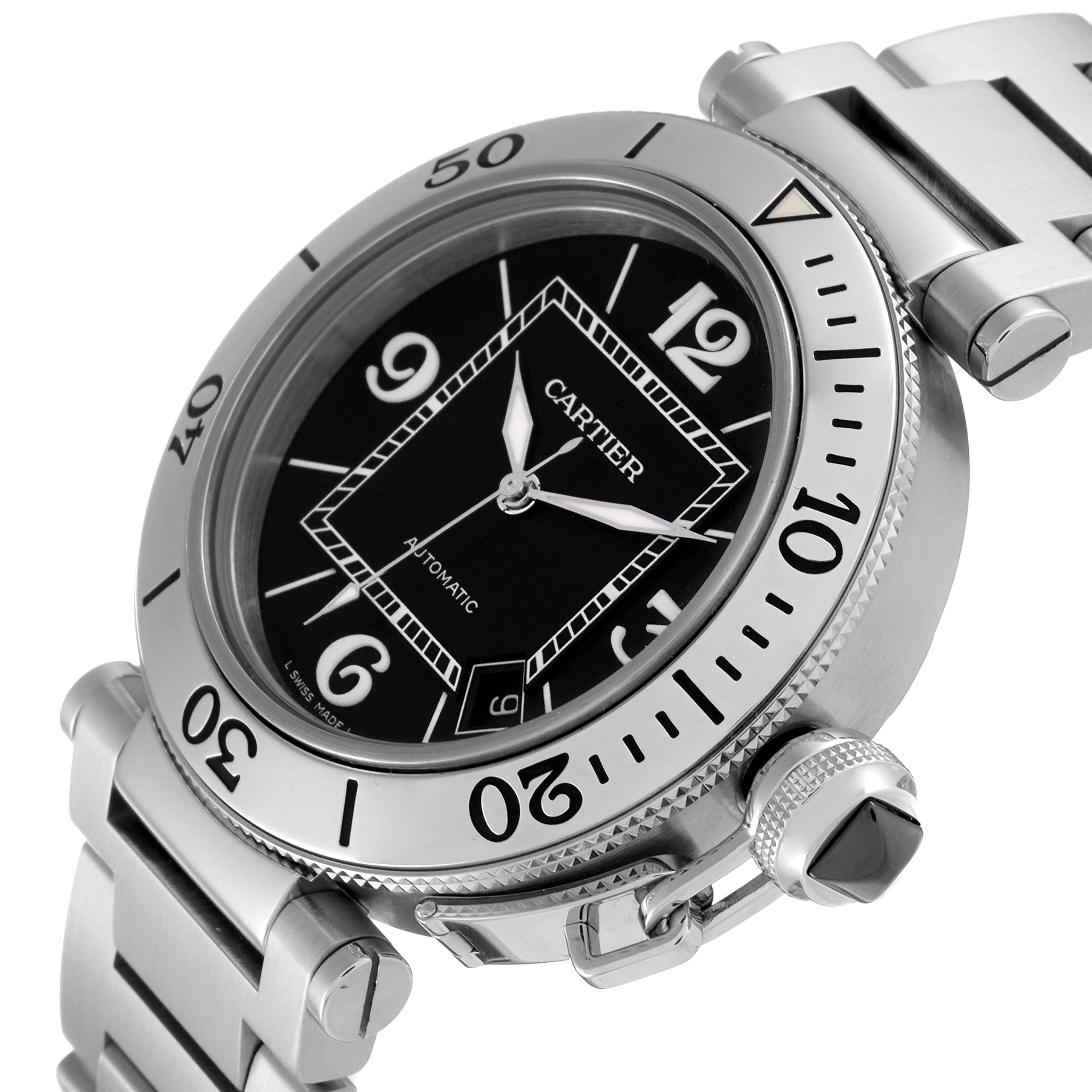This image shows a close-up angle of the Cartier Pasha W31077M7 Men
s Stainless Steel Black Dial W31077M7 Men
s Stainless Steel Black Dial watch, highlighting its bezel, face, and bracelet.