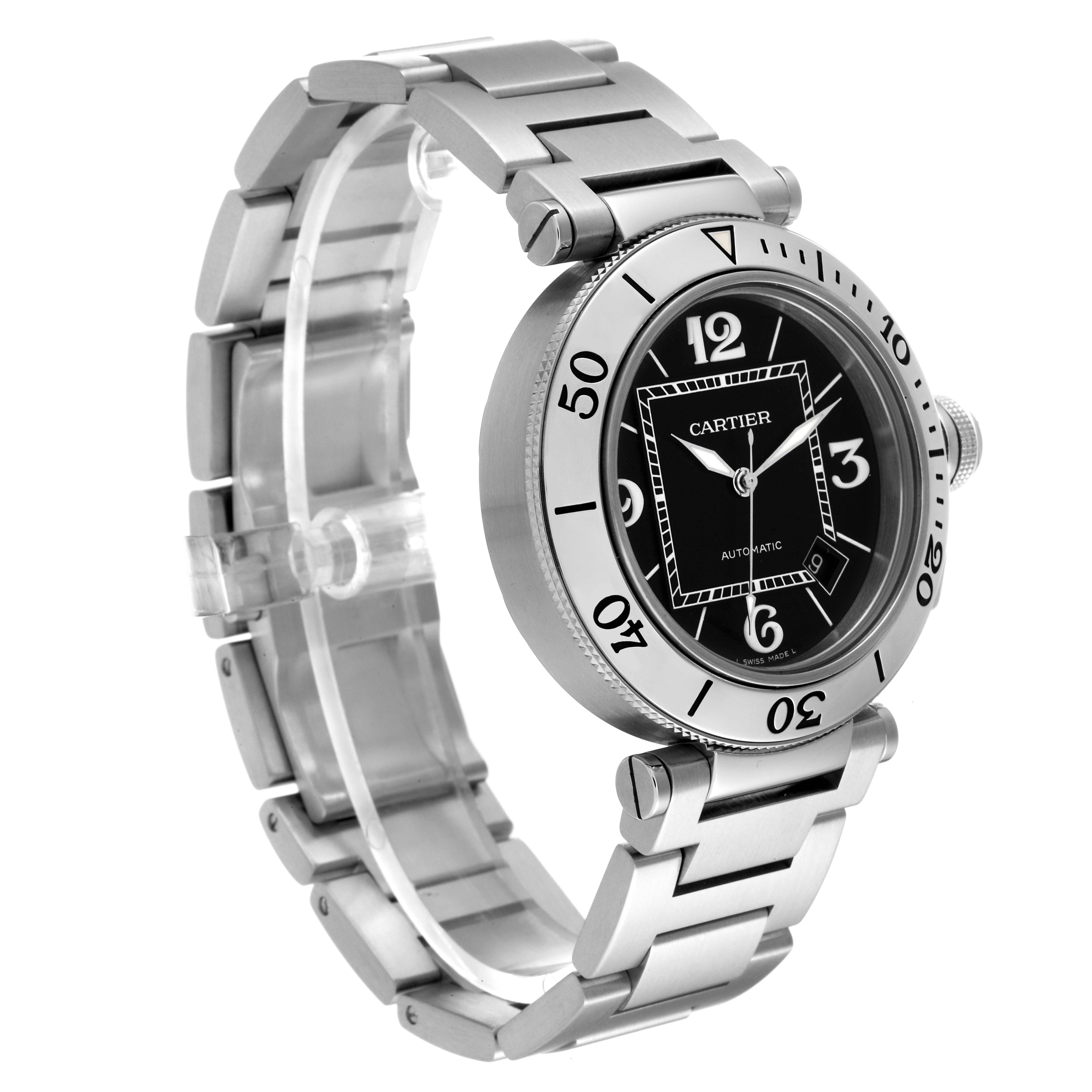 The Cartier Pasha W31077M7 Men
s Stainless Steel Black Dial W31077M7 Men
s Stainless Steel Black Dial watch is shown at an angled side view, displaying its face, bezel, crown, and metal bracelet.
