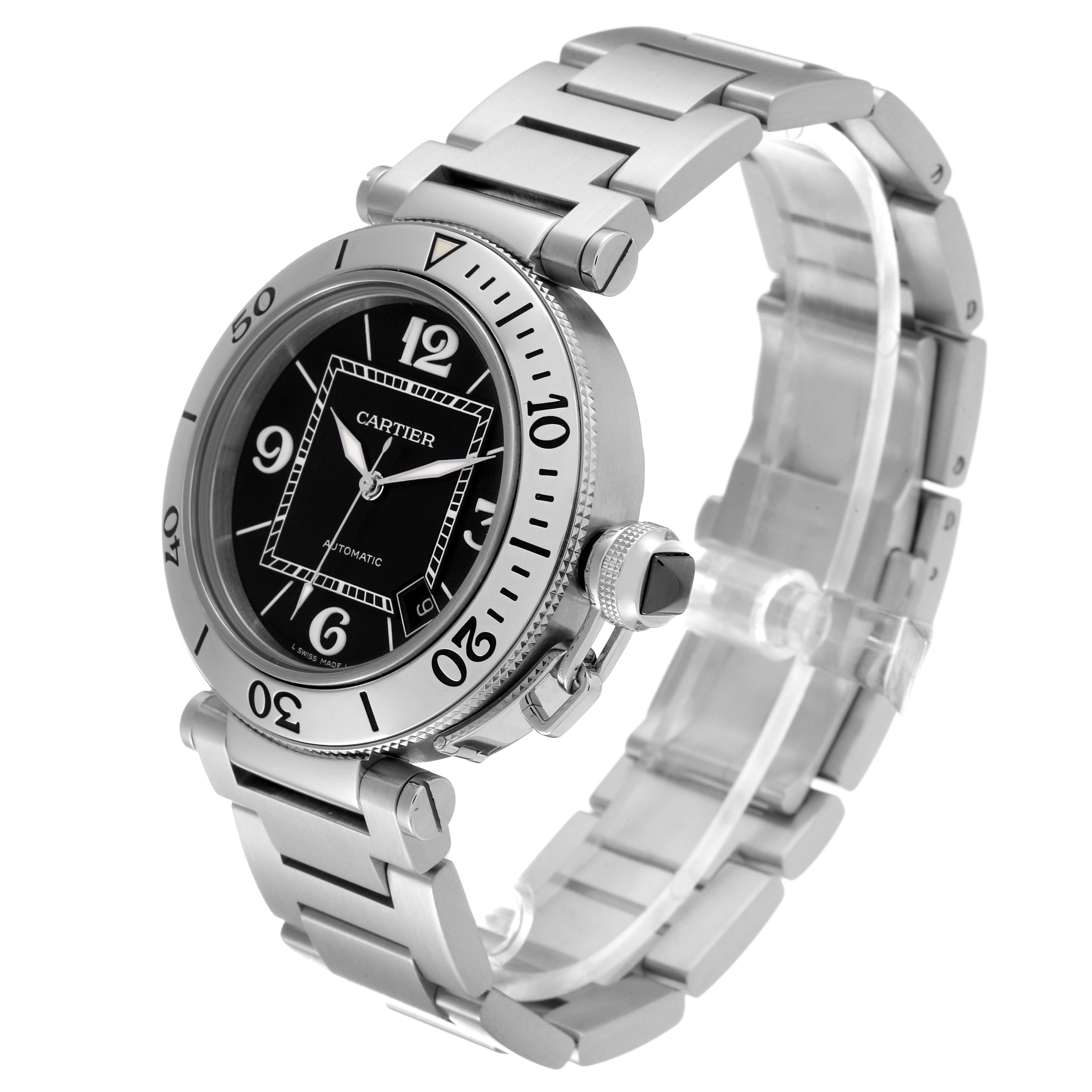 The image shows a Cartier Pasha W31077M7 Men
s Stainless Steel Black Dial W31077M7 Men
s Stainless Steel Black Dial watch at a slight angle, highlighting its metal bracelet, bezel, and crown.