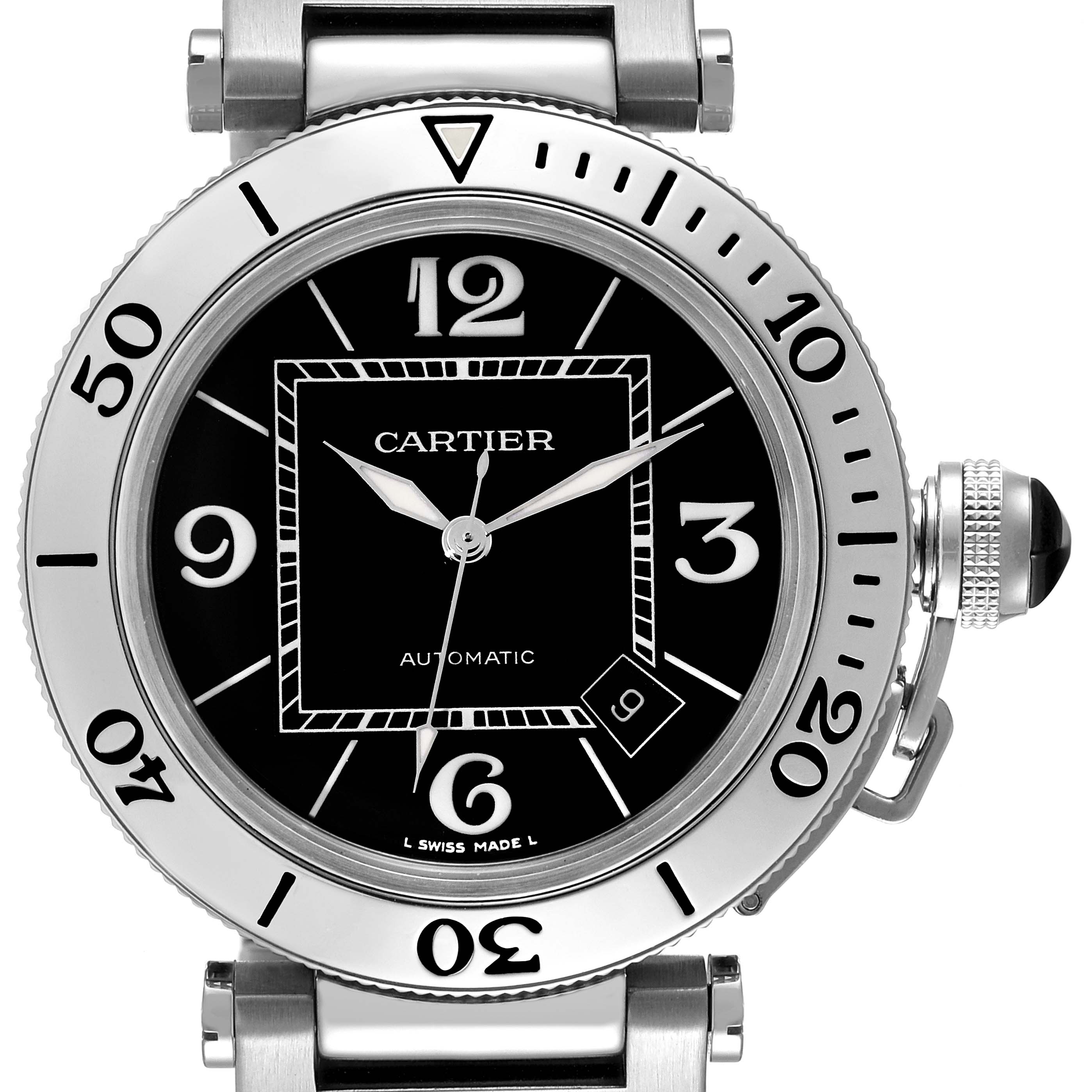 The image shows a front view of a Cartier Pasha W31077M7 Men
s Stainless Steel Black Dial W31077M7 Men
s Stainless Steel Black Dial model watch, highlighting the dial, bezel, and crown.