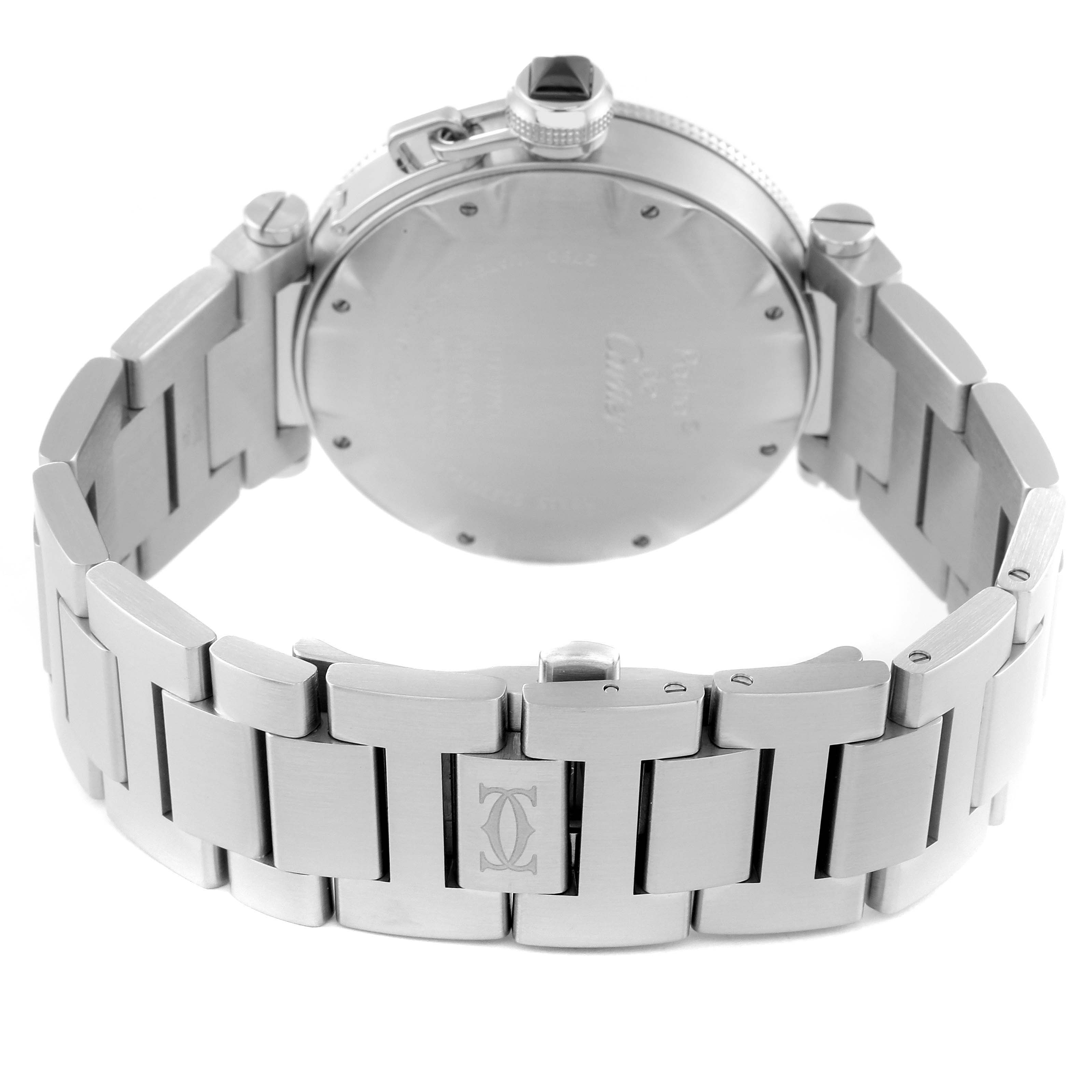 This image shows the back view of the Cartier Pasha W31077M7 Men
s Stainless Steel Black Dial W31077M7 Men
s Stainless Steel Black Dial watch and its stainless steel bracelet.