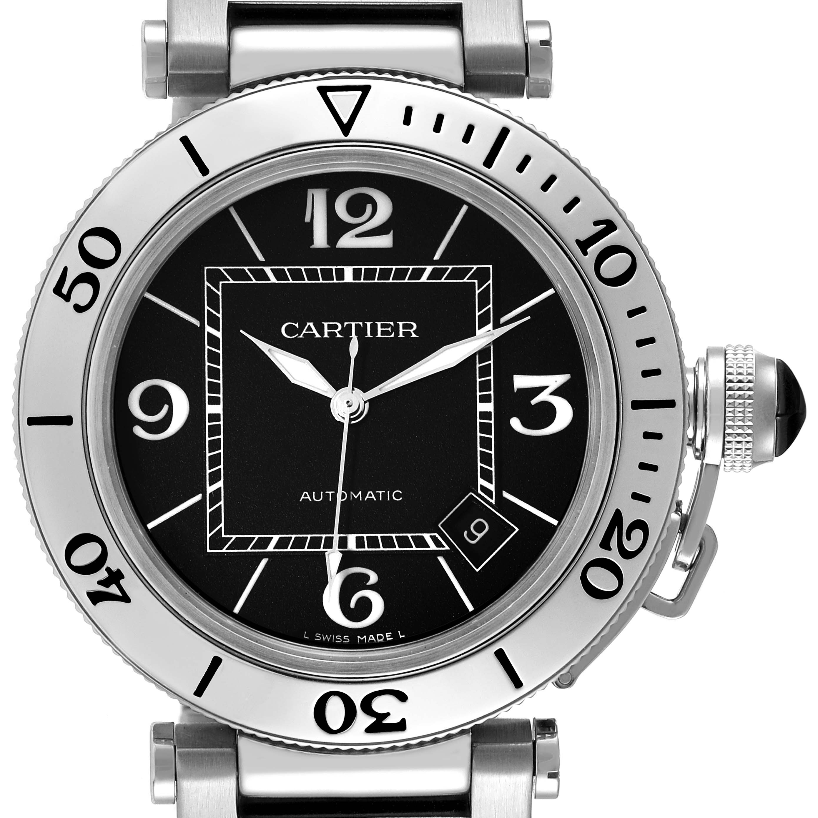 The image shows a frontal view of the Cartier Pasha W31077M7 Men
s Stainless Steel Black Dial W31077M7 Men
s Stainless Steel Black Dial watch, highlighting the dial, bezel, and crown.