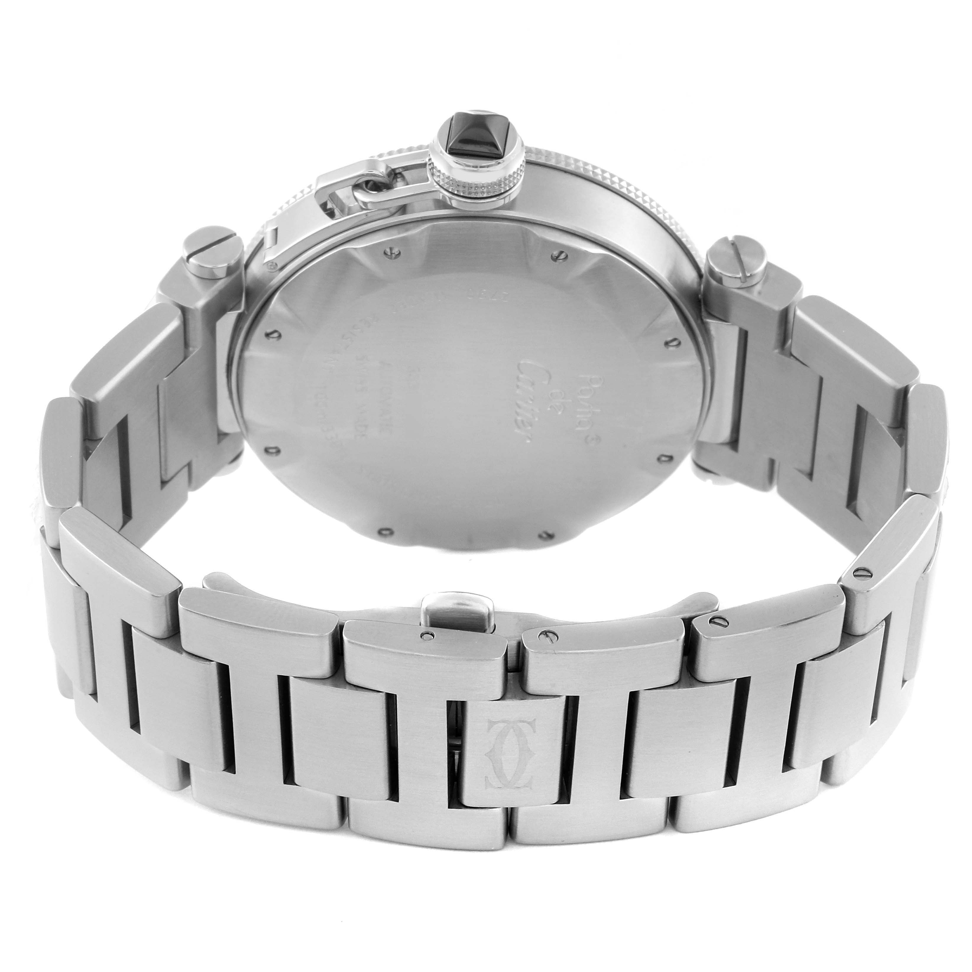 This image shows the back case and the stainless steel bracelet of a Cartier Pasha W31077M7 Men
s Stainless Steel Black Dial W31077M7 Men
s Stainless Steel Black Dial watch from a rear angle.