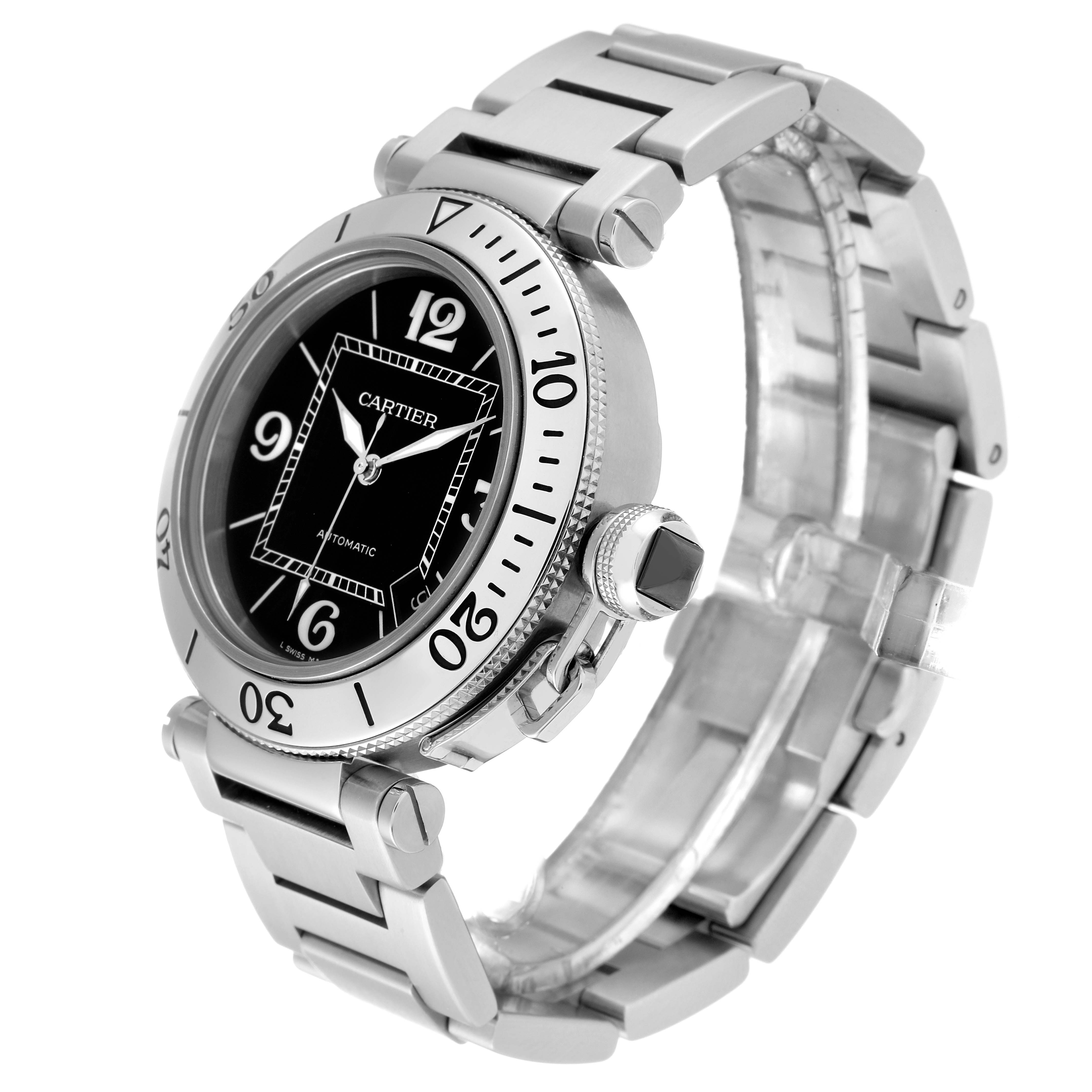 This image shows a Cartier Pasha W31077M7 Men
s Stainless Steel Black Dial W31077M7 Men
s Stainless Steel Black Dial watch from a three-quarter angle, highlighting the face, bezel, crown, and metal bracelet.