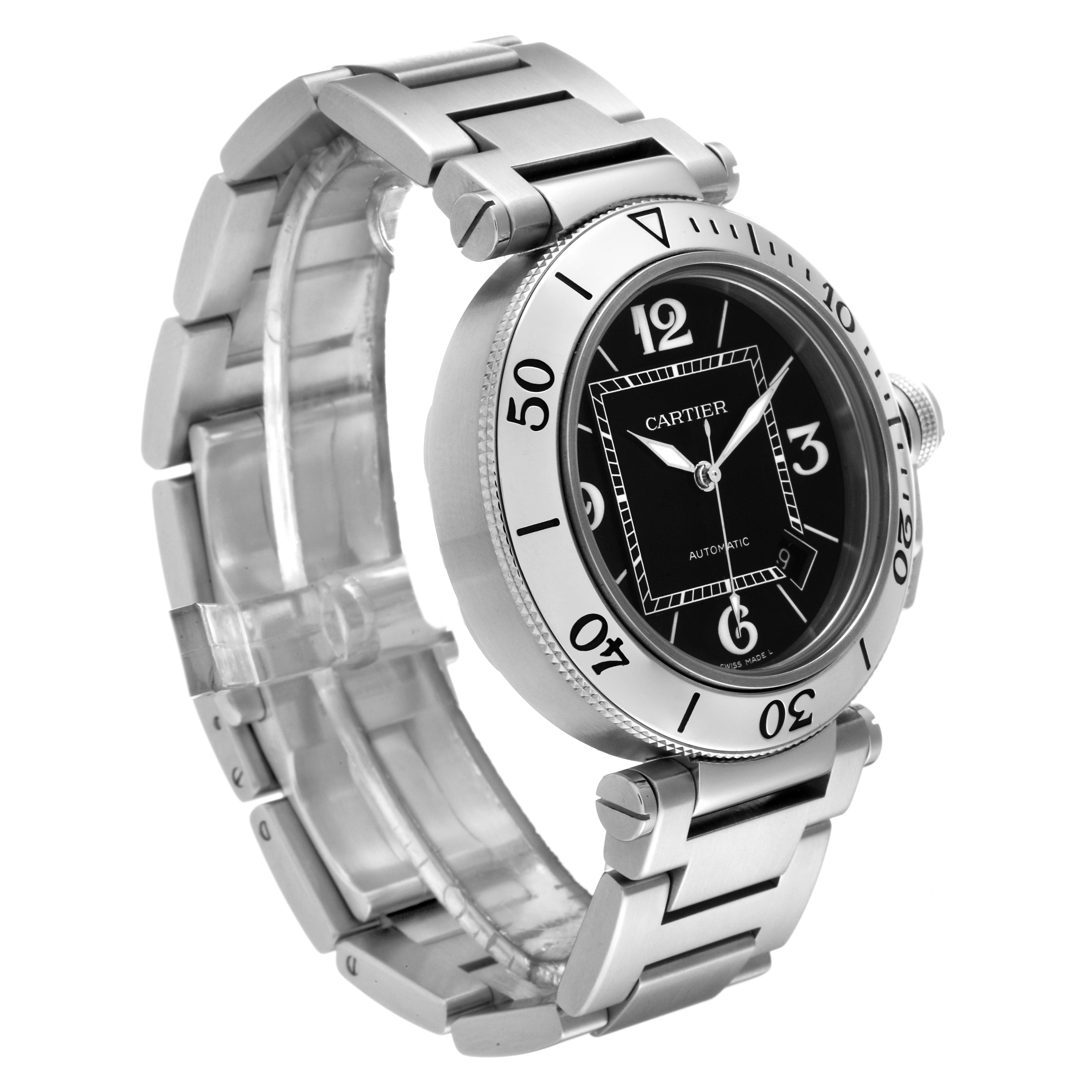 This image shows the Cartier Pasha W31077M7 Men
s Stainless Steel Black Dial W31077M7 Men
s Stainless Steel Black Dial watch from a side-angle view, highlighting its bracelet, bezel, and dial.
