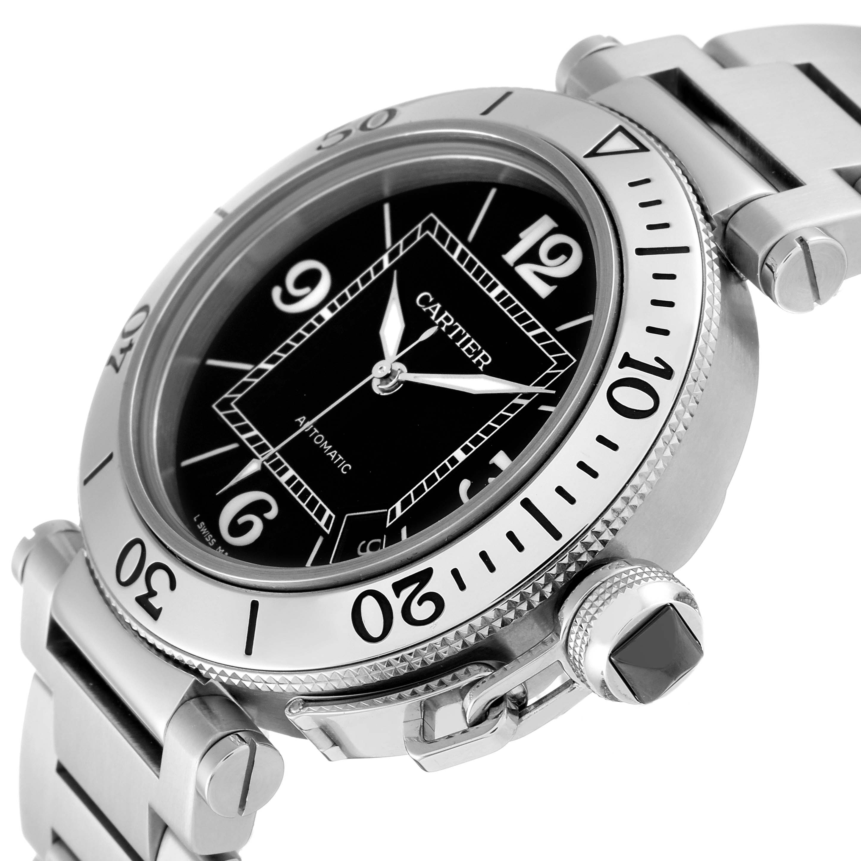 The image shows a Cartier Pasha W31077M7 Men
s Stainless Steel Black Dial W31077M7 Men
s Stainless Steel Black Dial watch at an angle focusing on the dial, bezel, crown, and part of the bracelet.