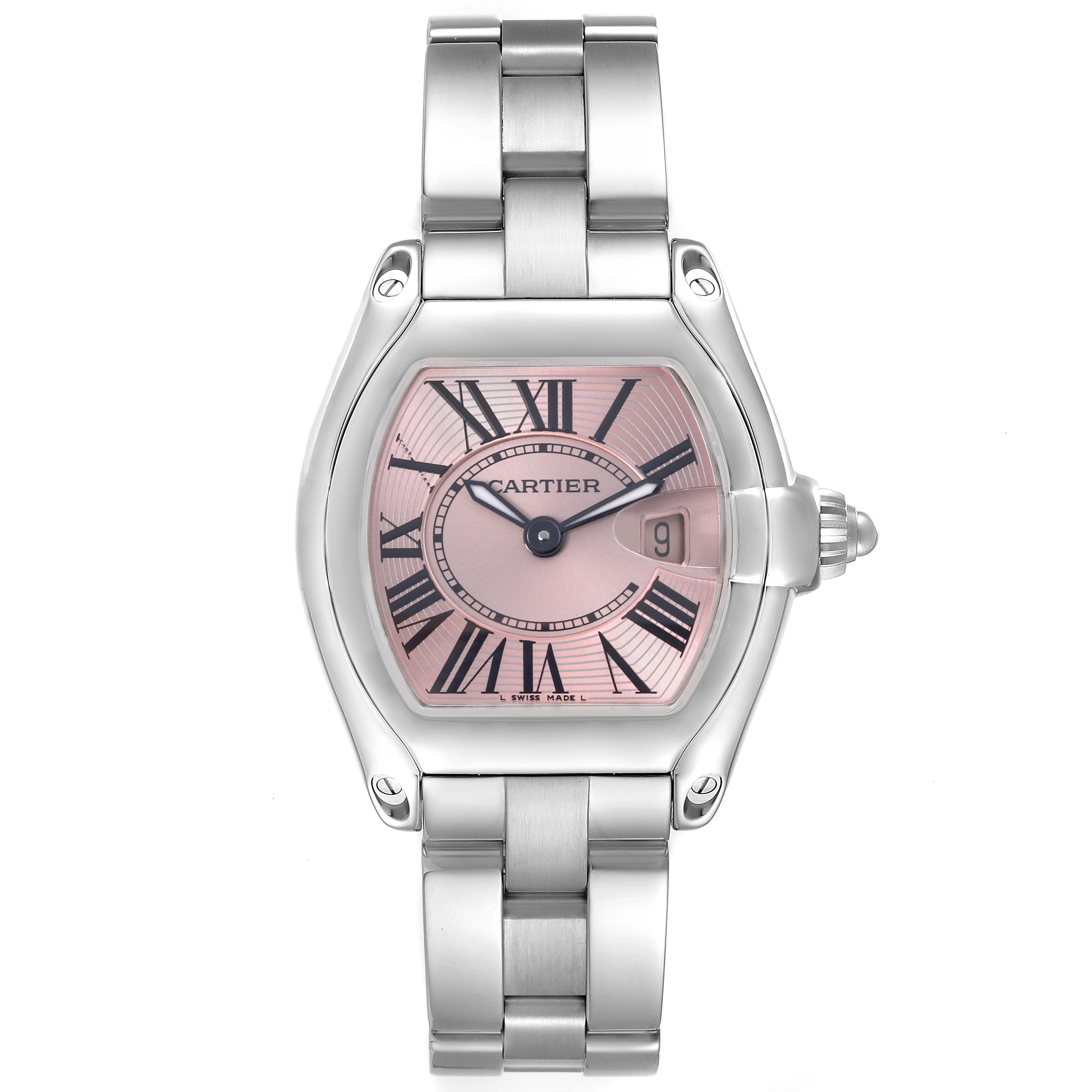 The Cartier Roadster W62017V3 Women's Stainless Steel Pink Dial W62017V3 Women's Stainless Steel Pink Dial watch is shown head-on, displaying the full face, bracelet, and case including the crown.