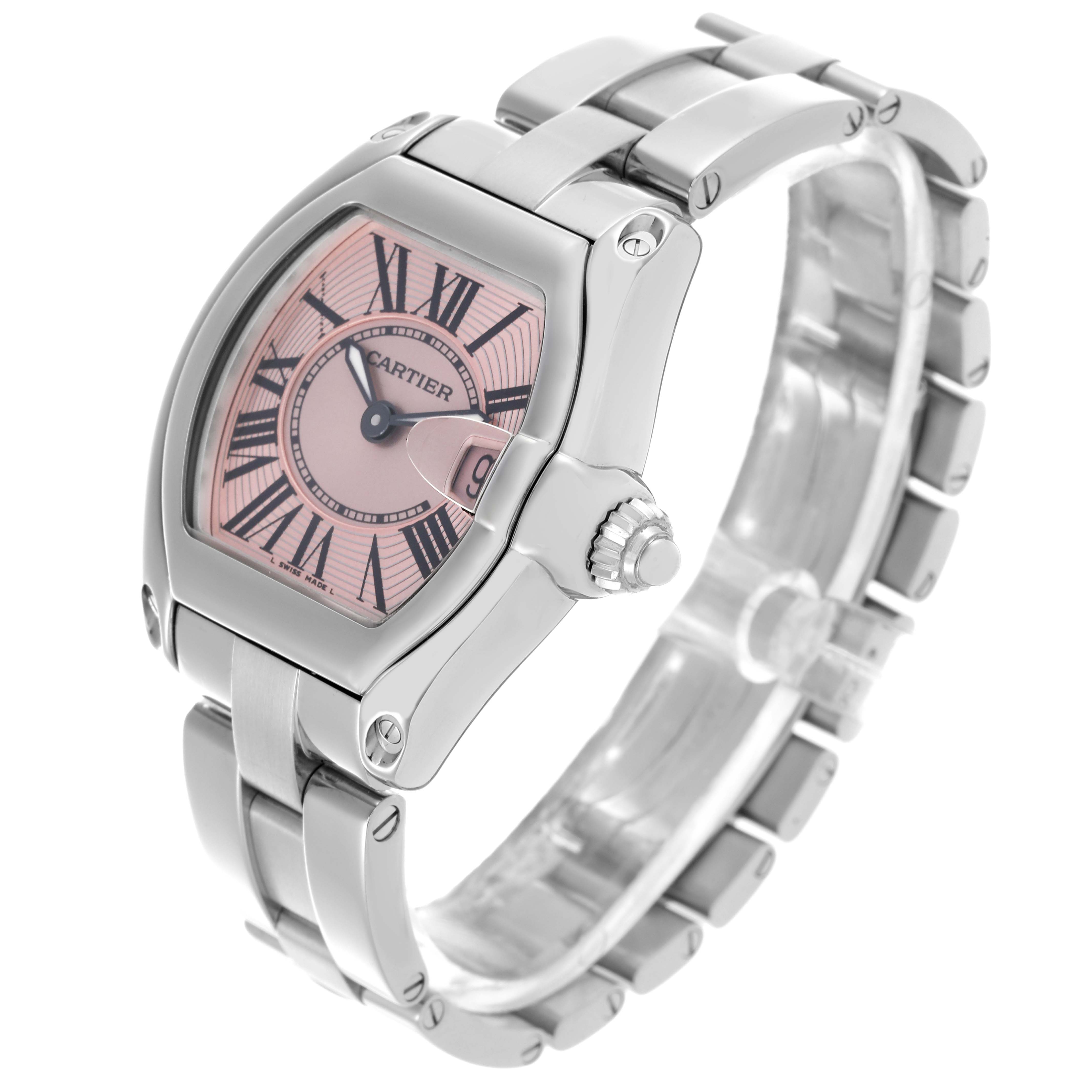 The Cartier Roadster W62017V3 Women's Stainless Steel Pink Dial W62017V3 Women's Stainless Steel Pink Dial watch is shown at a slight angle, displaying the face, bezel, and bracelet links.