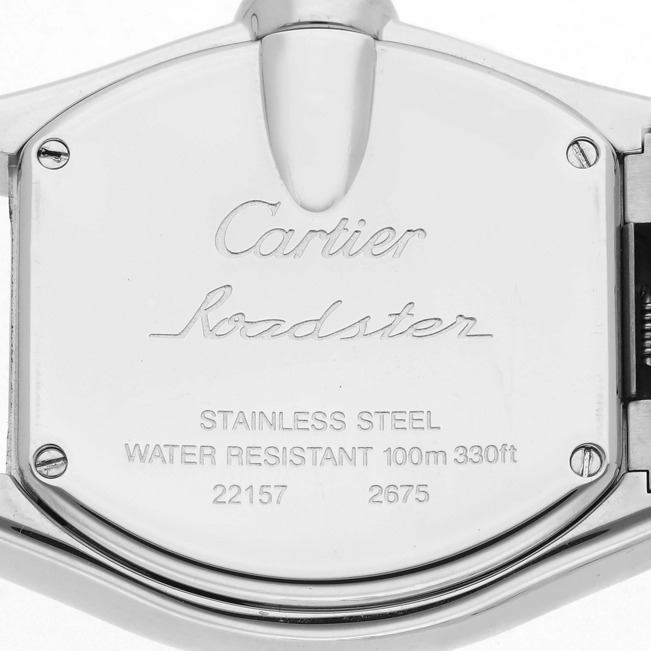 The image shows the back case of the Cartier Roadster W62017V3 Women's Stainless Steel Pink Dial W62017V3 Women's Stainless Steel Pink Dial watch, highlighting engraving details and specifications.
