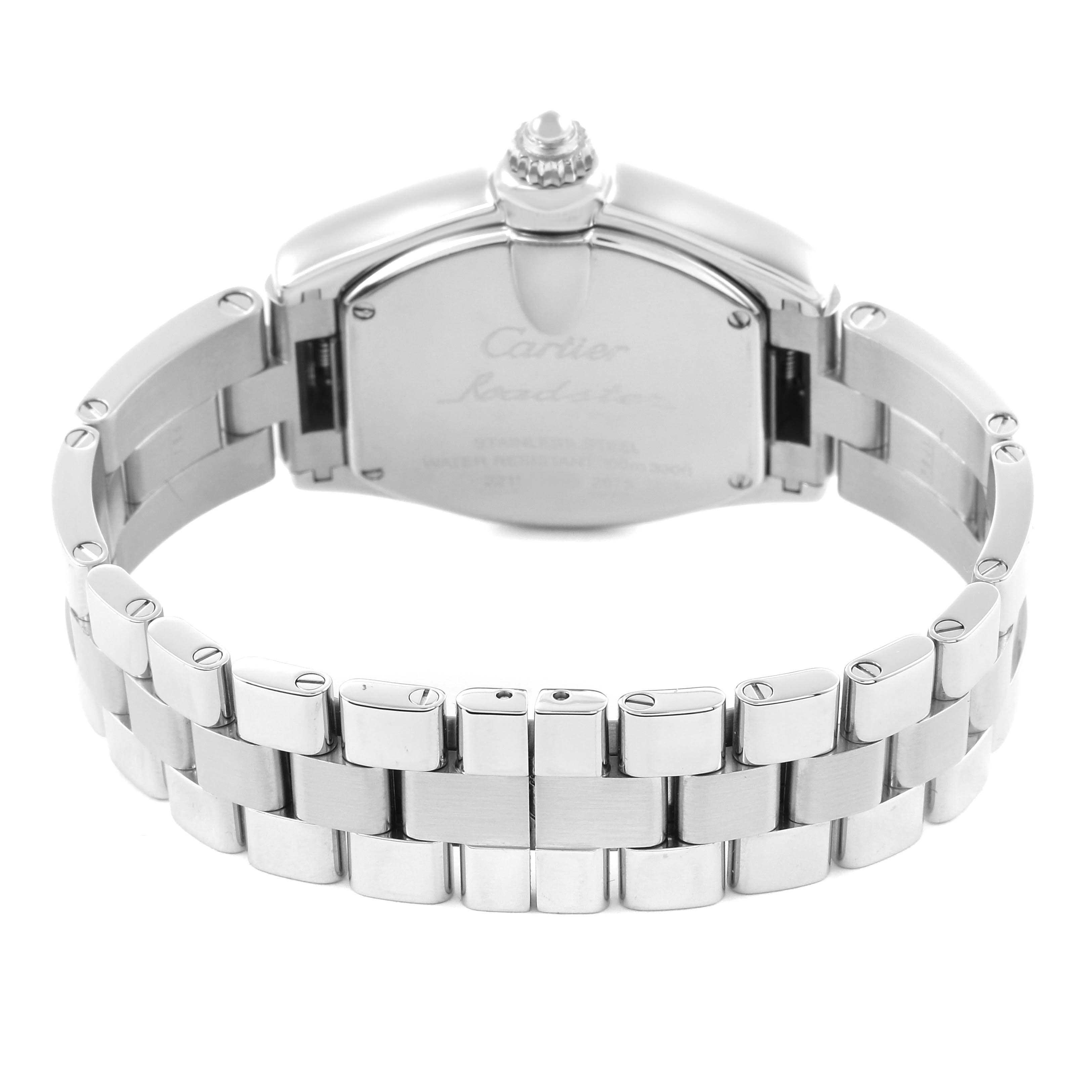 The Cartier Roadster W62017V3 Women's Stainless Steel Pink Dial W62017V3 Women's Stainless Steel Pink Dial watch is shown from the back, displaying the clasp and stainless steel bracelet.