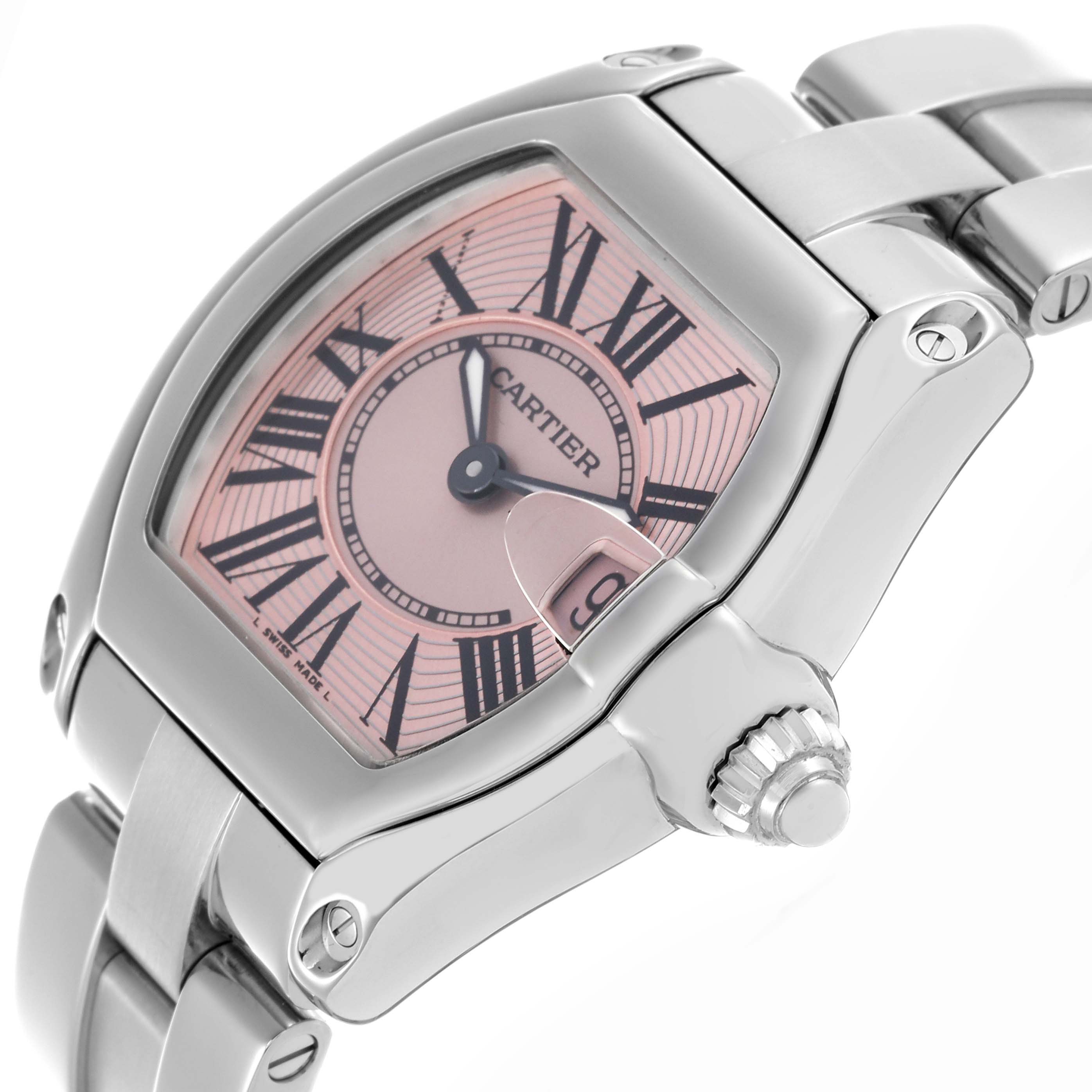 The Cartier Roadster W62017V3 Women's Stainless Steel Pink Dial W62017V3 Women's Stainless Steel Pink Dial watch is shown from a slightly angled perspective, highlighting the dial, case, crown, and part of the bracelet.
