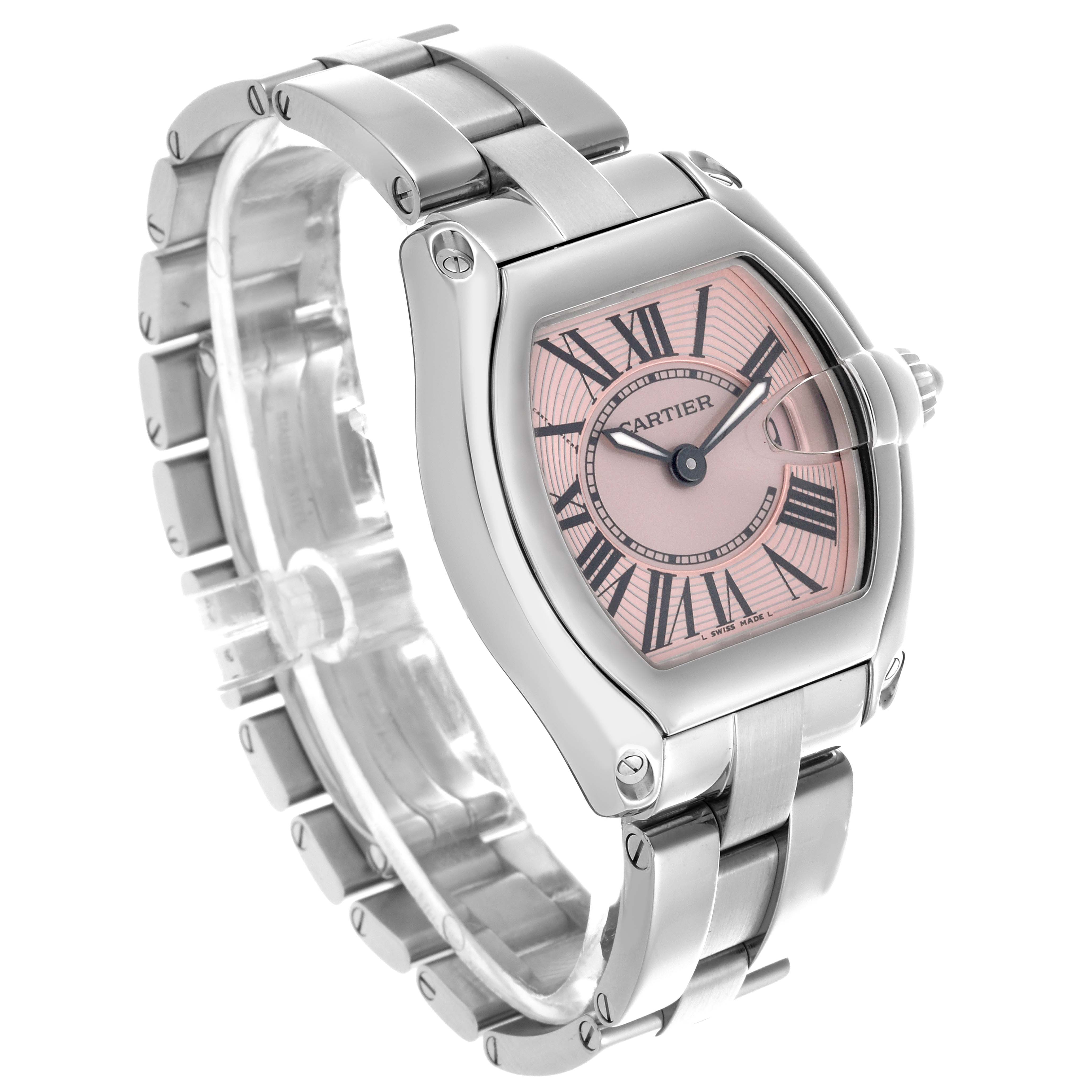 The Cartier Roadster W62017V3 Women's Stainless Steel Pink Dial W62017V3 Women's Stainless Steel Pink Dial watch is shown at a 3/4 angle displaying its dial, case, bracelet, and crown.