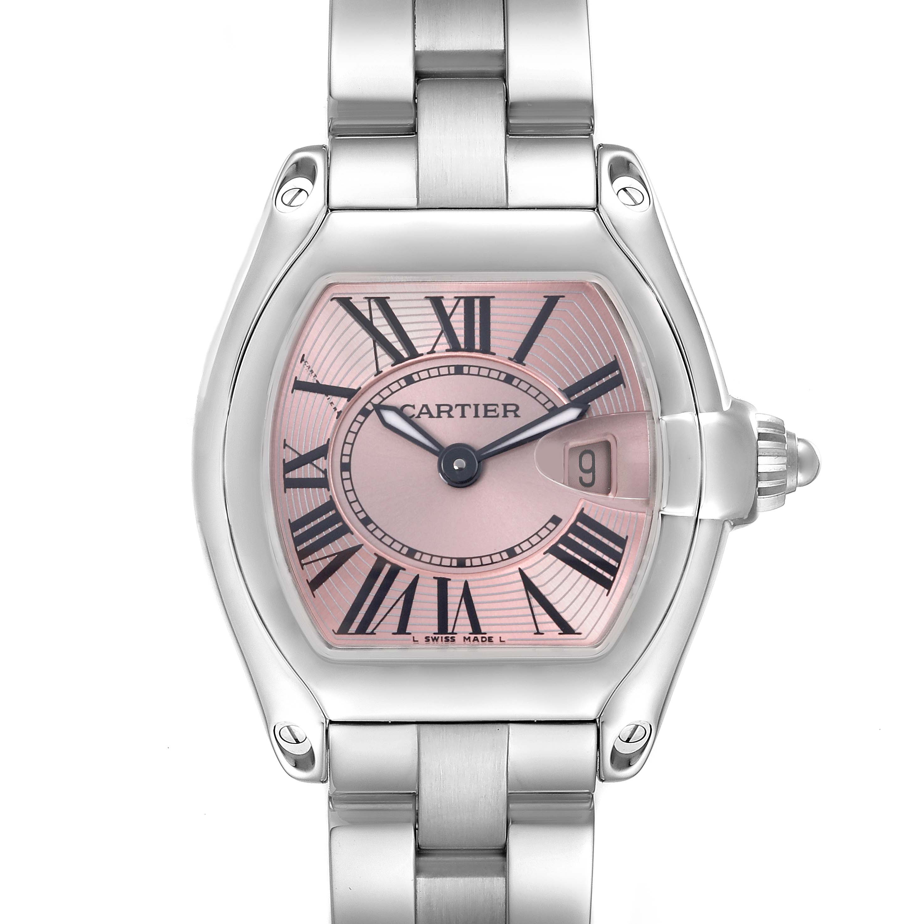 The Cartier Roadster W62017V3 Women's Stainless Steel Pink Dial W62017V3 Women's Stainless Steel Pink Dial watch is shown from the front, featuring its dial, hands, crown, and part of the metal bracelet.