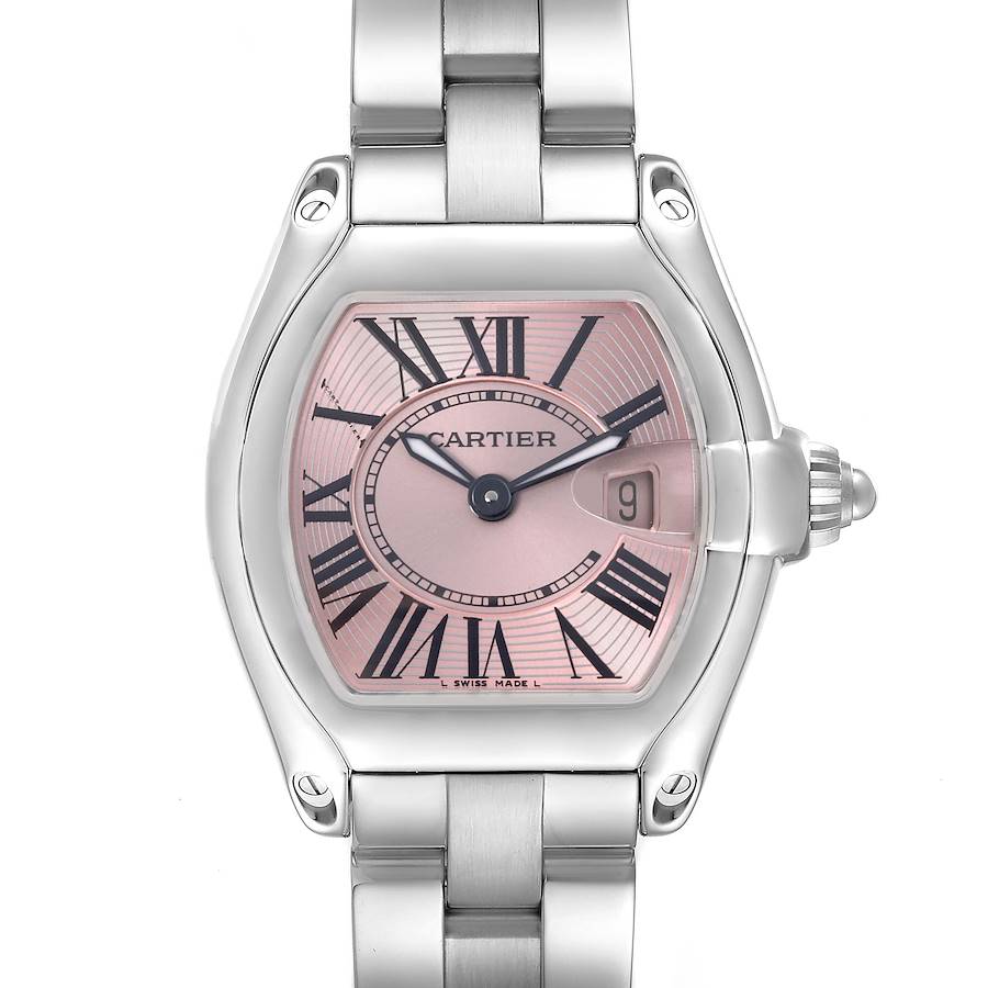 The Cartier Roadster watch is shown from the front, featuring its dial, hands, crown, and part of the metal bracelet.