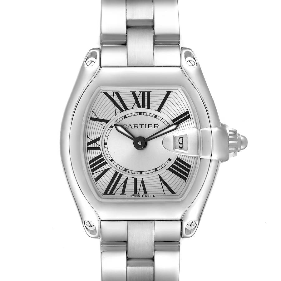 The Cartier Roadster watch is shown from the front, displaying the dial, case, and metal bracelet.